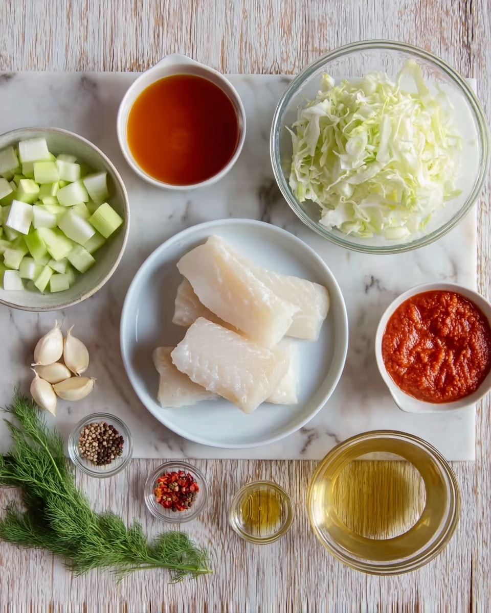 The image shows various ingredients arranged on a white marbled surface. In the center is a white plate with three pieces of white fish fillets stacked loosely. Around the plate, there are small white bowls holding sliced celery, chopped onions, peeled garlic cloves, and a red sauce with a smooth texture. There is also a clear glass bowl with shredded white cabbage, a small bowl of light brown liquid broth, a handful of whole garlic cloves in a small white bowl, and some fresh dill sprigs placed near the bottom. Small clear bowls hold crushed black pepper with red chili flakes and a small amount of olive oil. The colors are soft and natural, with whites, light greens, reds, and earthy tones visible. The photo taken with an iphone --ar 4:5 --v 7