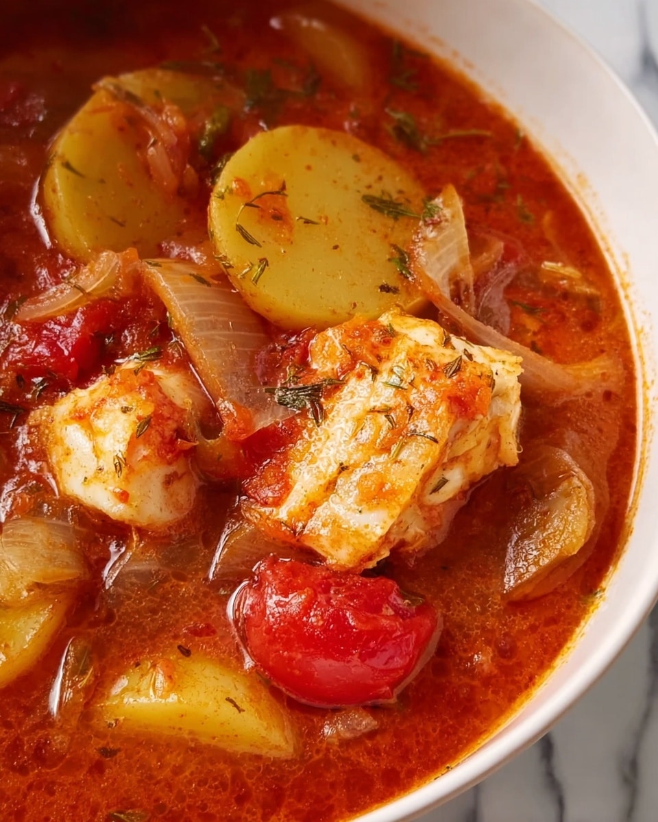 The image shows a close-up of a rich, red tomato-based stew in a white bowl, filled with several layers: thin slices of soft potatoes with a light yellow color, pieces of tender cooked fish with a slightly crispy, light golden texture, translucent onion slices, and chunks of whole cherry tomatoes adding bright red spots. The stew looks thick and full of herbs, giving a textured surface with bits of green and orange spices scattered throughout. The white bowl sits on a white marbled surface. photo taken with an iphone --ar 4:5 --v 7