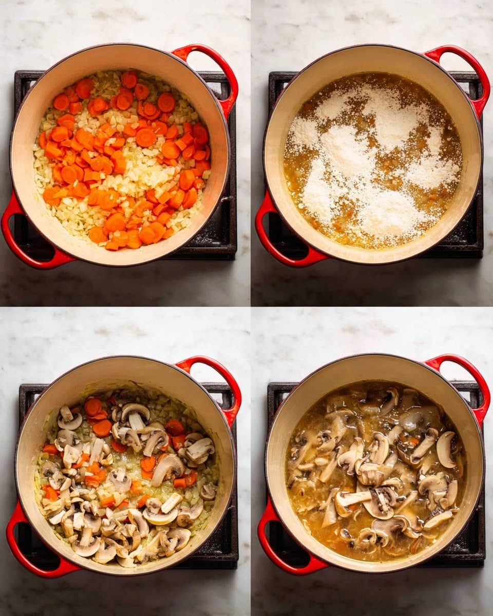The image shows four stages of cooking in a red pot with a white inside, placed on a stove with a white marbled surface. The first stage has a layer of sautéed chopped onions and sliced orange carrots evenly spread at the bottom, glowing with a light oil sheen. The second stage adds a light dusting of white flour scattered over the vegetables, still visible under the powder. The third stage shows added sliced mushrooms over the carrots and onions, creating a thick, varied layer of light brown mushrooms mixed with orange carrot pieces and bits of onion. The fourth stage features the same mix simmering in a light brown liquid, with mushrooms slightly cooked down, giving a stewy appearance. The pot has wide handles visible on both sides. photo taken with an iphone --ar 4:5 --v 7