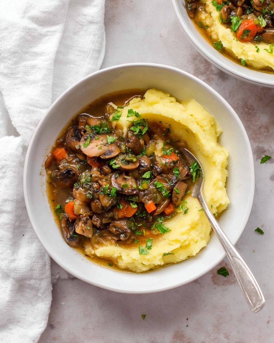 A white bowl filled with two main layers: the bottom layer is creamy yellow mashed potatoes with a soft, slightly lumpy texture around the edges, forming a ring, and the top layer is a dark brown mushroom and vegetable stew with visible slices of mushrooms, small orange carrot pieces, and finely chopped onions, garnished with small green parsley leaves. A silver fork rests inside the bowl on the right side. The bowl is placed on a white marbled surface with a white cloth peeking from the left side. Another similar bowl is partially visible in the top right corner. photo taken with an iphone --ar 4:5 --v 7