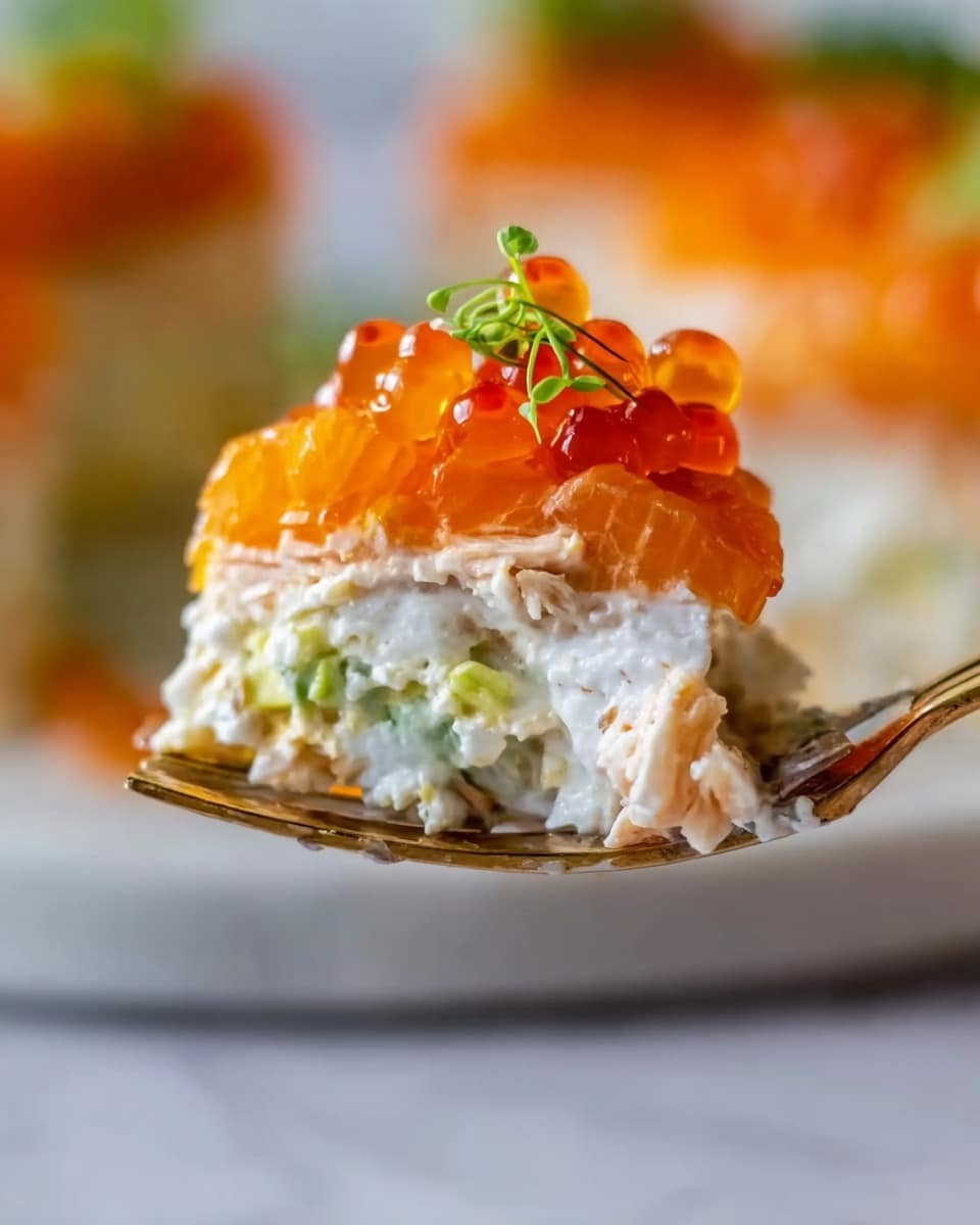 A close-up view of a fork holding a detailed bite of a layered dish with four visible layers: at the bottom, a creamy white layer with small bits of light green, followed by a thick orange layer that looks smooth and soft, topped with bright orange translucent pearls, possibly fish eggs, with a small green herb on top. In the blurred background, there is a hint of another serving on a white marbled surface. The colors are bright and fresh, and the textures go from smooth to slightly chunky, giving a rich and fresh look. photo taken with an iphone --ar 4:5 --v 7