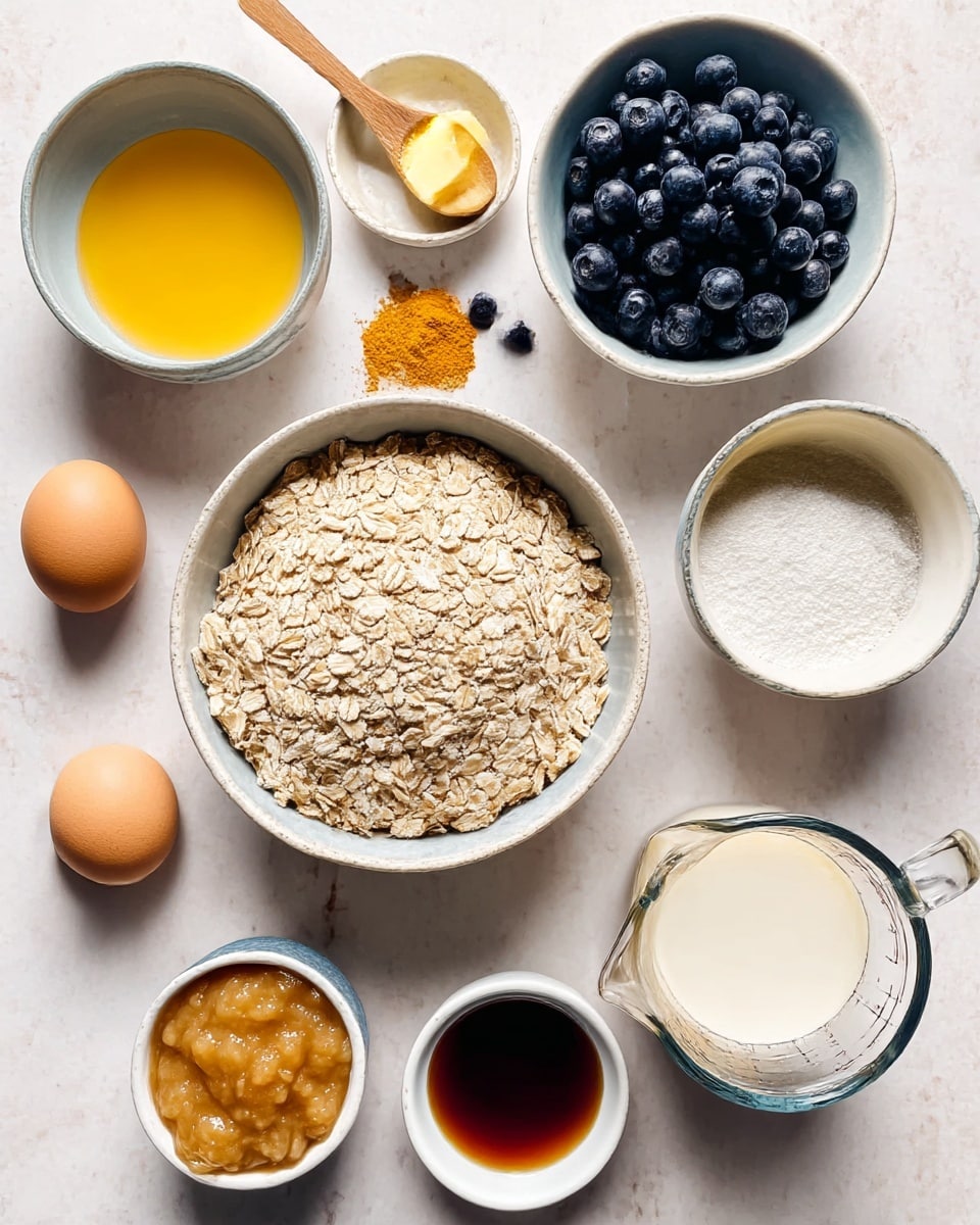 A top-down view of several small white bowls and a glass measuring cup arranged neatly on a white marbled surface. The largest bowl in the center is filled with light beige rolled oats with a rough texture. To its top right is a medium white bowl full of dark blue blueberries, some spilling slightly outside the bowl. Above the oats, a small white bowl contains bright yellow melted butter with a smooth surface. Near it, another small white bowl is filled with a powdered orange spice and a wooden spoon resting in it. To the left of the oats, a small white bowl holds two whole brown eggs. Below, another small white bowl has light tan applesauce with a soft, uneven texture. Near the bottom, a small white bowl contains a dark amber liquid. A small white bowl with a small amount of white powder is placed near the glass measuring cup filled with white milk on the right side. photo taken with an iphone --ar 4:5 --v 7