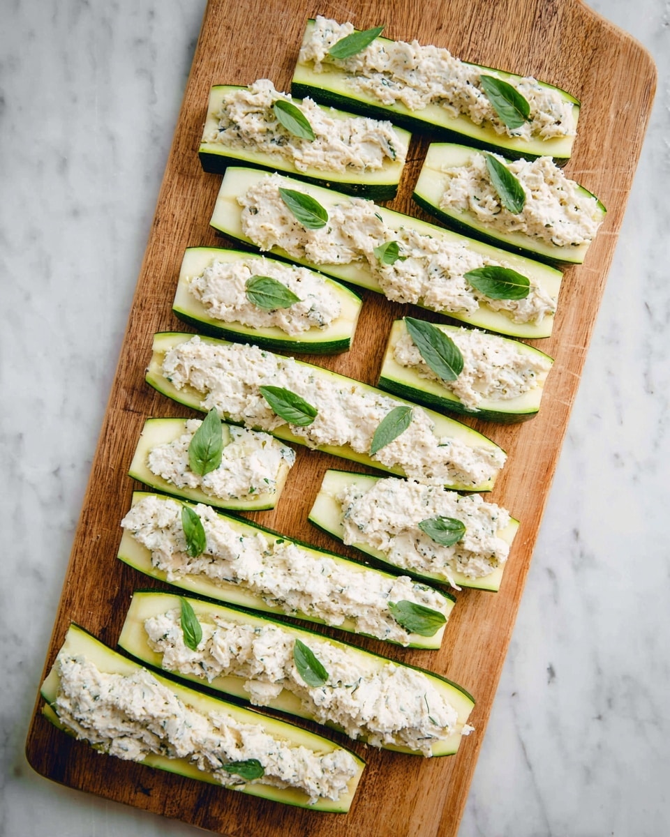 The image shows a wooden cutting board with fourteen long slices of green zucchini arranged in two rows. Each zucchini slice is topped with a thick white mixture that has a slightly grainy texture, spread mostly in the center. Small green leaves are placed on top of the white mixture on many of the slices, adding a touch of color. The cutting board rests on a white marbled surface. photo taken with an iphone --ar 4:5 --v 7