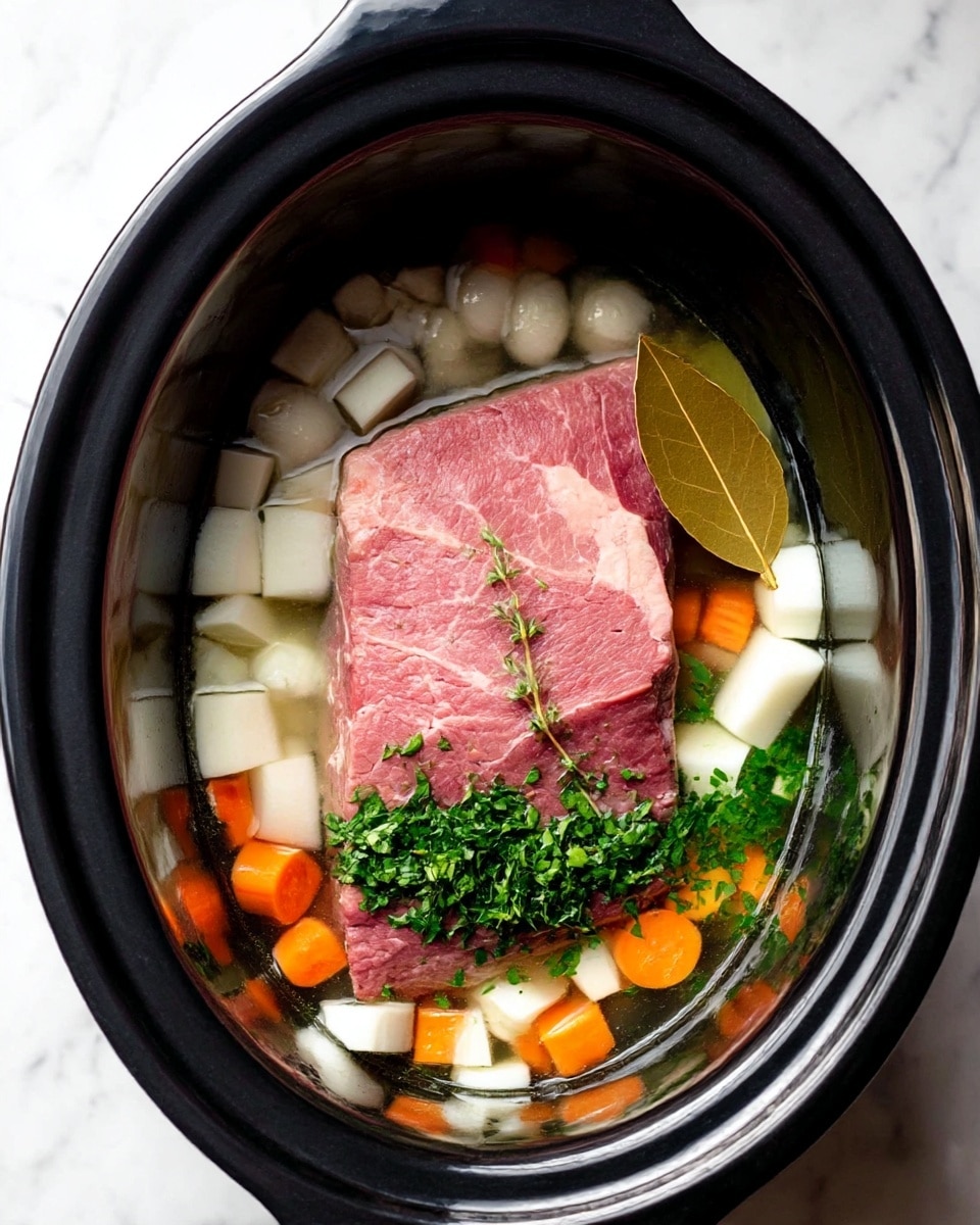 The image shows a black slow cooker from above, filled with one large piece of uncooked pink meat in the center, surrounded by small white pearl onions, white cubed root vegetables, orange carrot pieces, and fresh green chopped herbs scattered throughout. There is one whole brown bay leaf placed near the top right of the meat. All ingredients sit in clear liquid inside the cooker. The cooker is set on a white marbled surface. Photo taken with an iphone --ar 4:5 --v 7