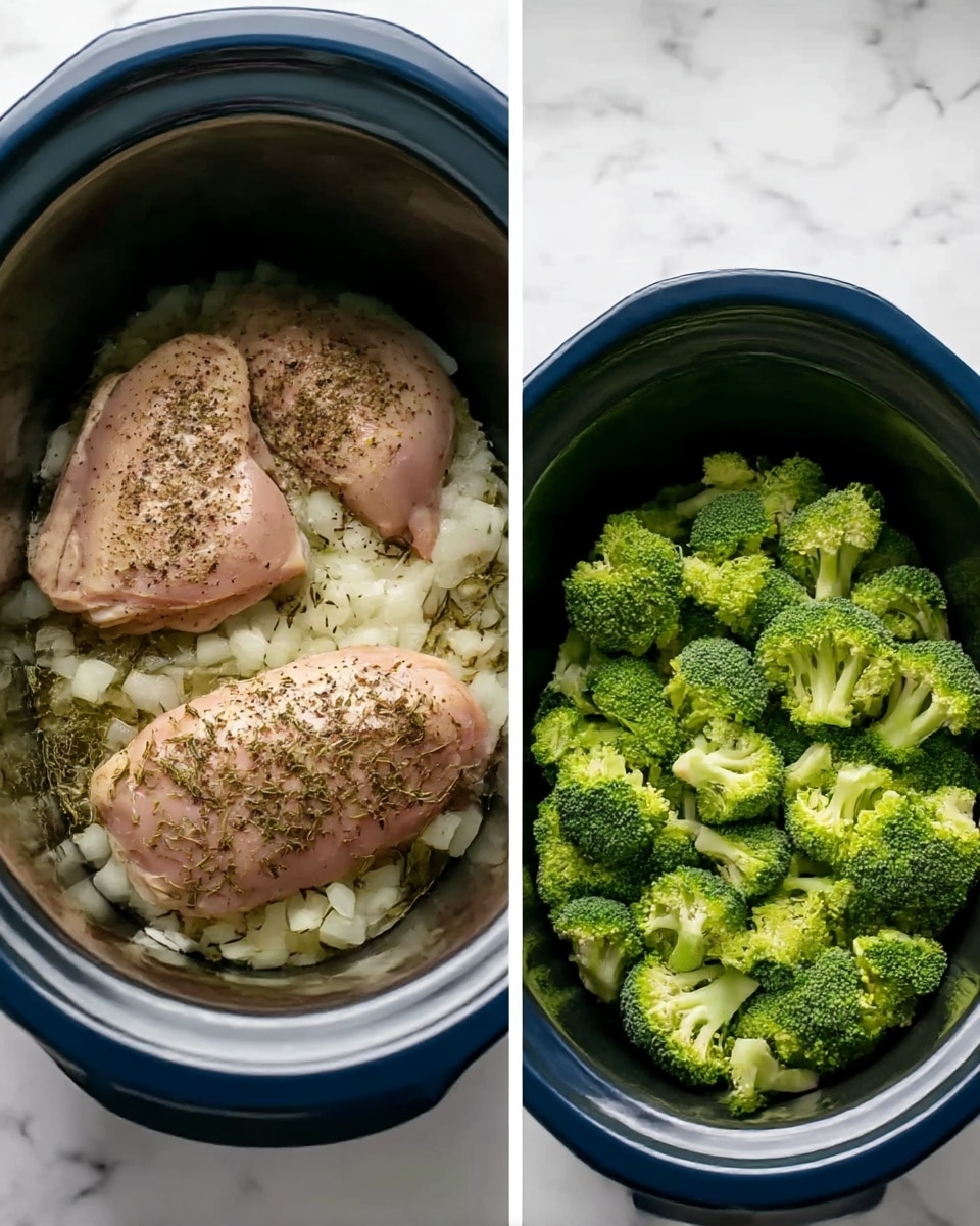 Two images show the cooking process inside a crockpot on a white marbled surface. The first image shows two raw chicken pieces placed on top of a layer of chopped white onions and herbs at the bottom of the crockpot, with the chicken seasoned with black pepper. The second image shows the same crockpot with a large layer of fresh green broccoli florets spread evenly on top of the cooked chicken and onions inside the pot. The textured inside walls of the crockpot are visible, and the crockpot is blue on the outside. photo taken with an iphone --ar 4:5 --v 7