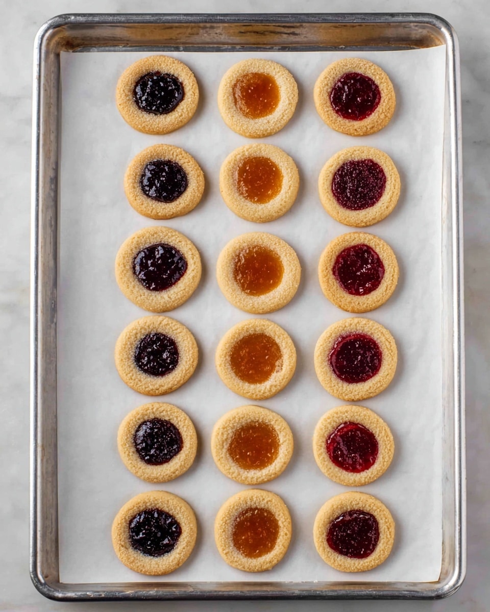 A metal baking tray lined with white parchment paper holds 15 round cookies, arranged in 3 columns and 5 rows. Each cookie has two layers: a light tan outer dough ring with a soft texture and a shiny, smooth jam filling in the center. The left column of cookies has a dark purple-black jam, the middle column has an orange-brown jam, and the right column has a dark red jam. The tray is placed on a white marbled surface. photo taken with an iphone --ar 4:5 --v 7