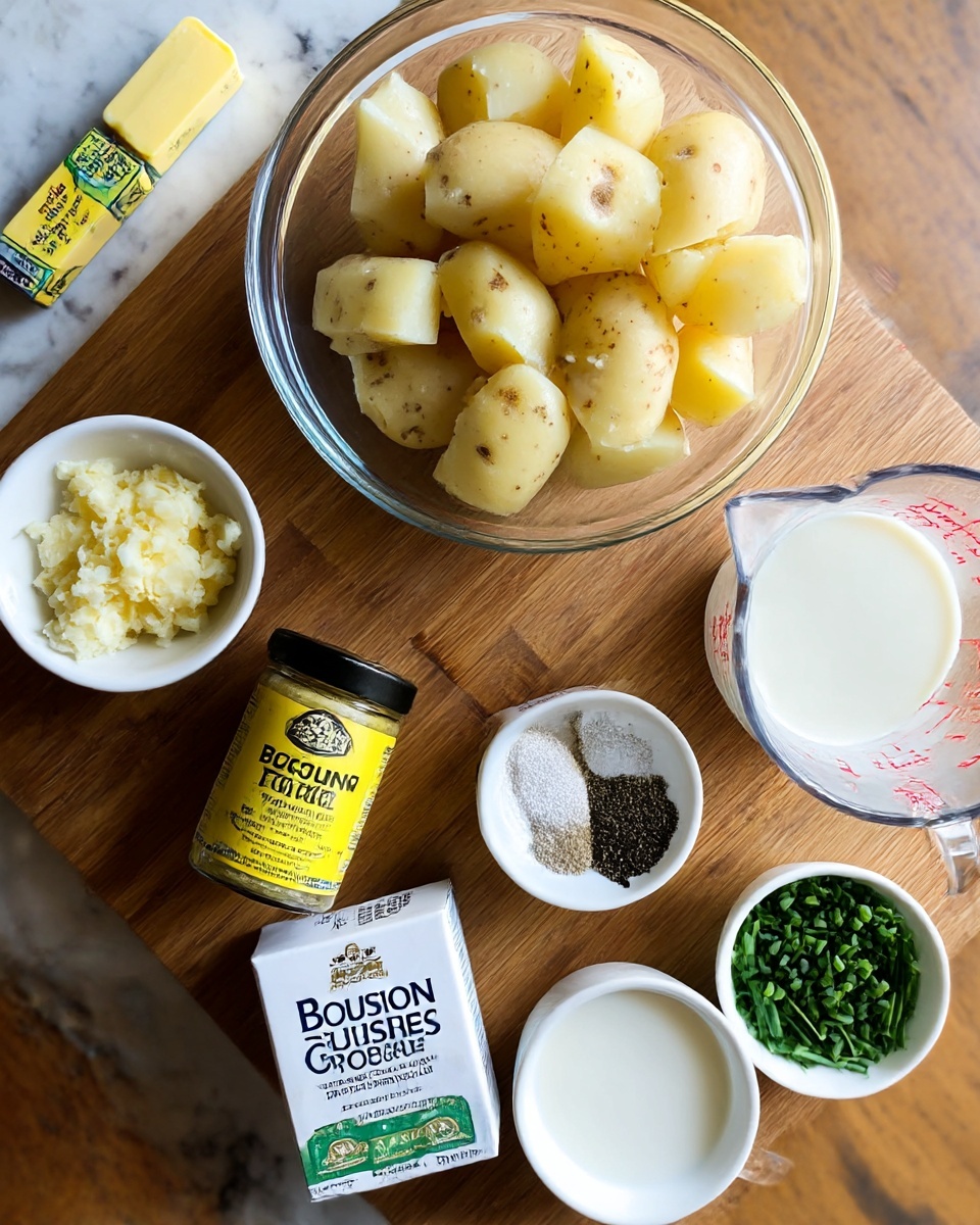 The image shows a top-down view of cooking ingredients placed on a wooden cutting board with a white marbled texture background. At the top, there is a glass bowl filled with large, peeled potato pieces that are pale yellow with light brown spots. Below it to the left, there is a small white bowl with minced or grated garlic that looks creamy and slightly wet. Next to the garlic is a small jar of yellow seasoning labeled 