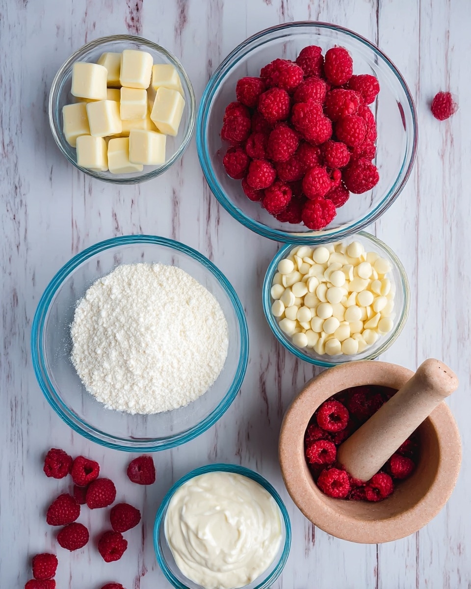 The image shows five clear glass bowls arranged on a white marbled surface with a few scattered raspberries and white chocolate pieces around them. Starting from the top left, one bowl contains small white cubes of butter, next to it a larger bowl is filled with bright red raspberries, below the butter is a bowl filled with fine white powdered sugar, to its right a bowl with many white chocolate chips, and below the powdered sugar is a bowl of white cream. At the bottom right, there is a light brown stone mortar with crushed red raspberries inside and a matching pestle beside it. Photo taken with an iphone --ar 4:5 --v 7