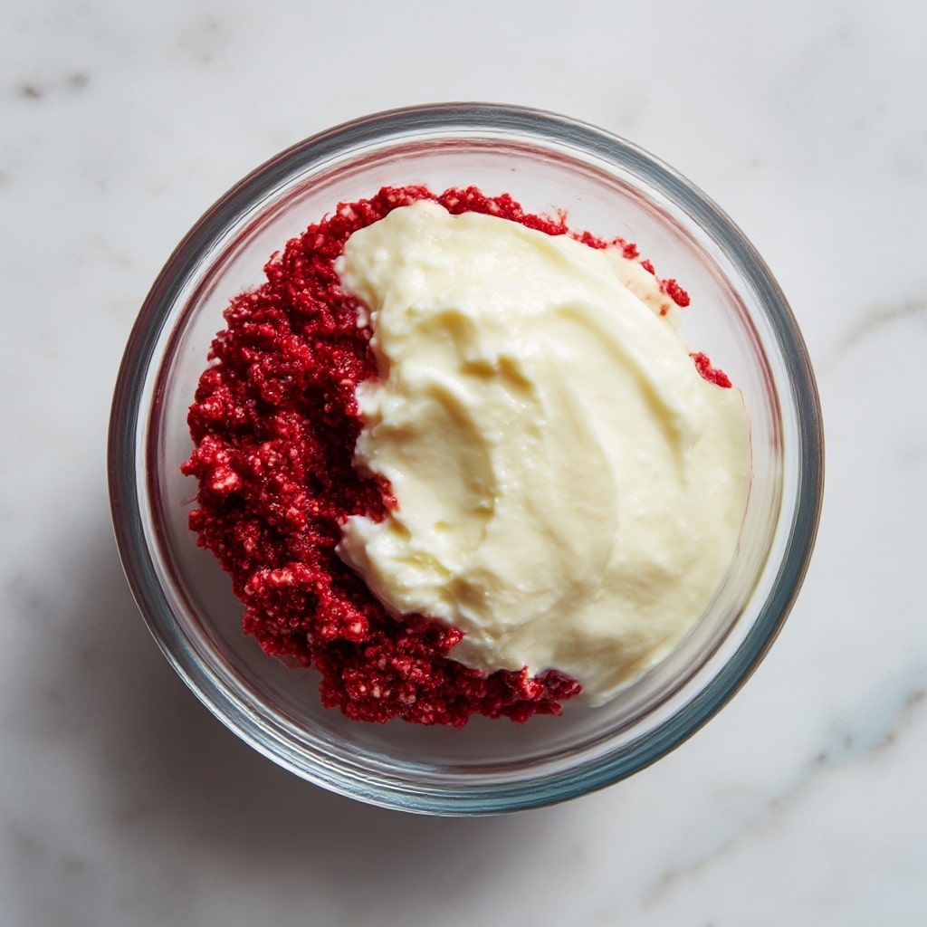 A clear glass bowl with two layers inside is shown from above. The bottom layer is a textured deep red mixture, looking like crushed raspberries or a similar fruit. On top of this is a smooth, thick creamy white layer that covers part of the red mixture unevenly. The bowl sits on a white marbled surface with hints of light blue visible beyond the edge. Photo taken with an iphone --ar 4:5 --v 7