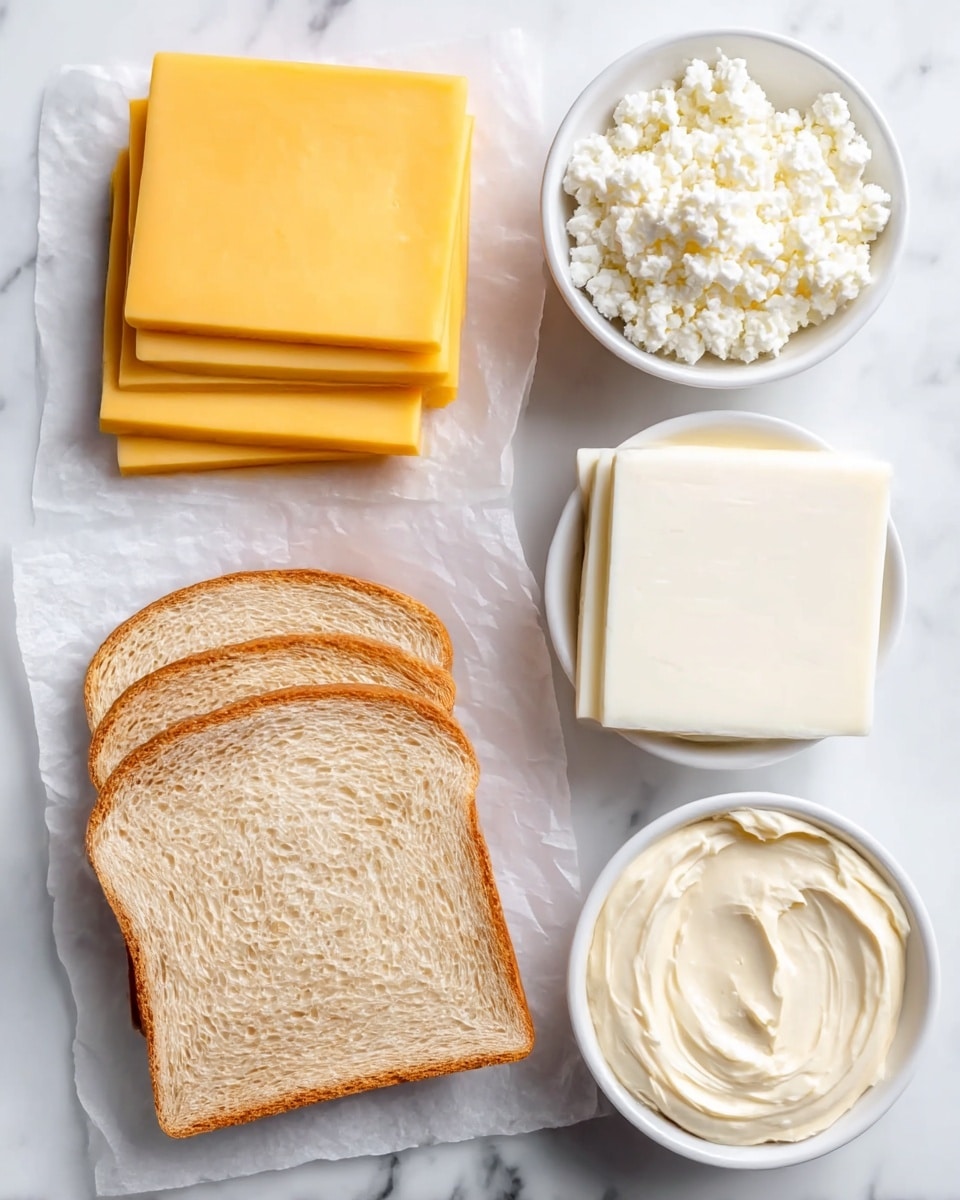 The image shows three slices of light brown sandwich bread stacked slightly overlapping on a white marbled surface, with a stack of bright yellow square cheese slices above on the left and a stack of white square cheese slices to the right. Above the white cheese, there is a white bowl filled with white crumbly cottage cheese. Below the white cheese, there is another white bowl that contains smooth, creamy off-white spread. All items are neatly arranged on white parchment paper. Photo taken with an iphone --ar 4:5 --v 7