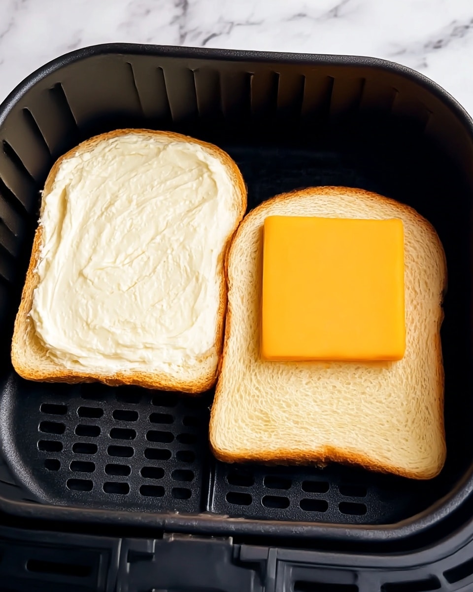 Two slices of white bread are placed side by side in a black air fryer basket with a grid pattern. The slice on the left is spread with a thick, creamy white layer of cream cheese covering almost the entire surface. The slice on the right is topped with a single smooth, bright orange slice of cheese, perfectly square and centered on the bread. The bread has a soft texture with light golden brown crust edges, and the basket contrasts with the white bread and cheese layers. The background surface is a white marbled texture. photo taken with an iphone --ar 4:5 --v 7