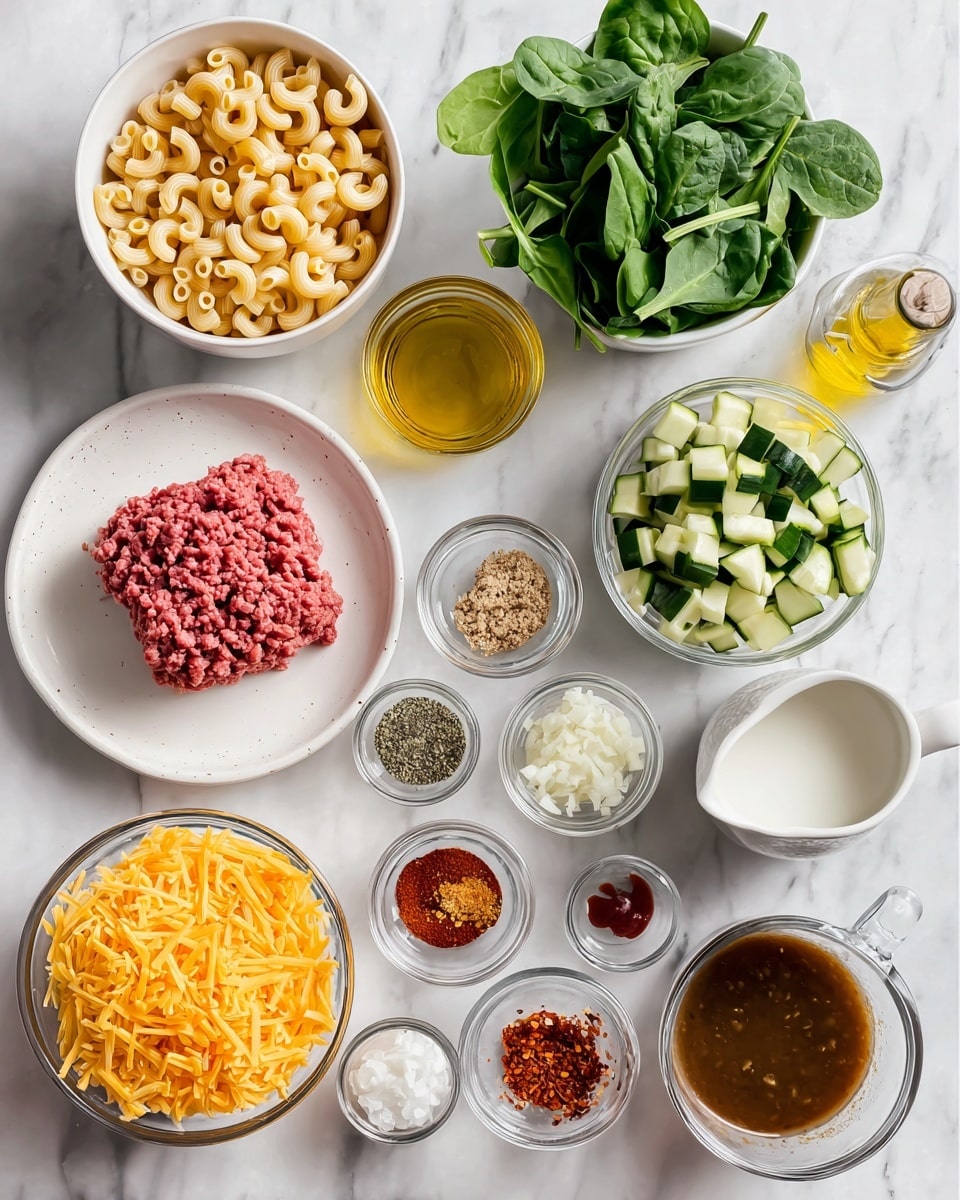 The image shows several bowls and dishes arranged on a white marbled surface, each holding different ingredients. There is a white bowl filled with small curly macaroni, next to it a bowl with fresh green baby spinach leaves, and a small glass jar of golden olive oil nearby. A white plate holds a square of pink extra lean ground beef. Another clear bowl contains diced green and white zucchini, while a smaller bowl has bright orange sharp cheddar cheese shreds. There are small dishes with minced garlic, red chili flakes, chili powder, salt and pepper, white chopped onions, and a small bit of red tomato paste. A small white jug holds some milk, and a clear glass bowl contains dark brown beef broth. The setup is neat and the colors are bright and fresh. photo taken with an iphone --ar 4:5 --v 7