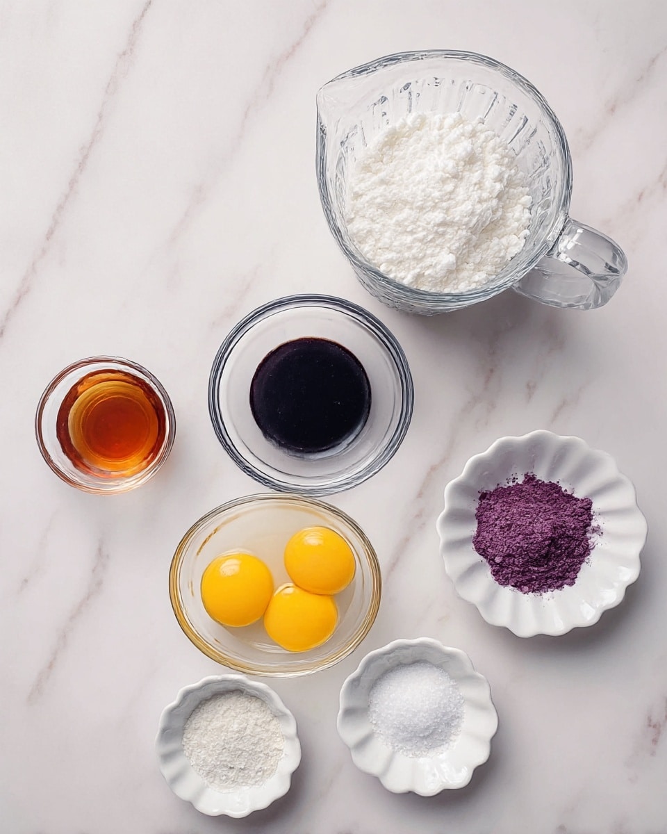 Seven small bowls are placed on a white marbled surface. At the top right is a clear glass pitcher with a handle, filled with a white, fluffy substance. To its left, a small, round glass bowl holds a dark amber liquid. Below that is another small round glass bowl with a dark black liquid. Centered near the middle is a clear glass bowl with three bright yellow egg yolks visible. Below that, a small round glass bowl contains a fine white powder. To the right, two scalloped-edge small white bowls hold white salt-like crystals and a dark purple powder, respectively. All bowls are arranged neatly, showing clear details of color and texture. photo taken with an iphone --ar 4:5 --v 7