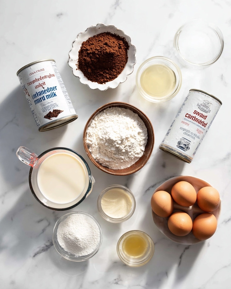 This image shows a flat lay of different baking ingredients on a white marbled surface. There are twelve items arranged loosely in a circle: a clear glass measuring cup at the front filled with cream-colored milk, a small brown bowl in the middle holding white flour, a white bowl beside it filled with dark brown cocoa powder, a white ramekin with five brown eggs on the right, and a white bowl filled with white granulated sugar near the eggs. Two metal cans, one labeled