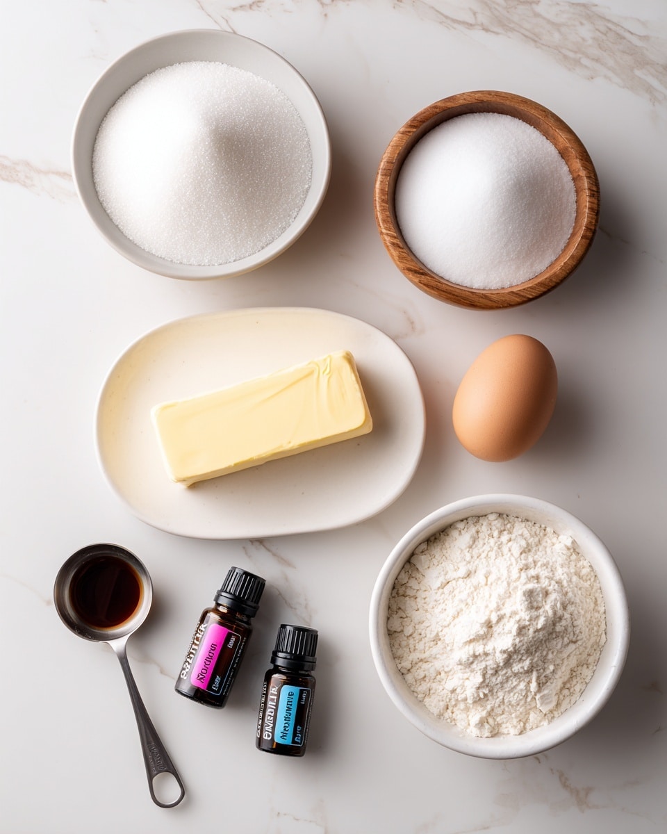 The image shows several baking ingredients arranged neatly on a white marbled surface. At the top left, a white round plate holds a pile of fine white sugar. To its right, a small wooden bowl contains white baking powder. Just below, a large white rectangular plate holds a stick of pale yellow butter. A single brown egg is placed near the center of the image. Below the egg, three small bottles with labels in different colors are arranged: one dark amber bottle with a black cap, and two small bottles with dropper caps in pink and blue. Towards the bottom left, a silver measuring spoon filled with dark liquid sits on the surface, and on the bottom right, a white round bowl is filled with white powdered sugar or flour. The setup is bright and clean with soft lighting. Photo taken with an iphone --ar 4:5 --v 7