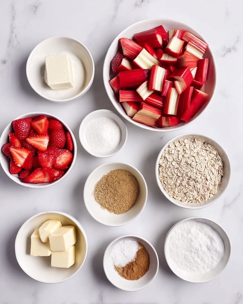 The image shows an overhead view of several white bowls arranged on a white marbled surface, each holding different ingredients. Starting from the top right, there is a large bowl filled with red and white sliced rhubarb pieces. On the bottom left, another large bowl holds red sliced strawberries. Surrounding these are smaller white bowls containing white flour, white sugar, light brown sugar, three cubes of pale yellow butter, oats, cinnamon powder, white baking powder, and white salt. The bowls are neatly spaced, and the colors of the ingredients contrast vividly against the white marbled background. photo taken with an iphone --ar 4:5 --v 7