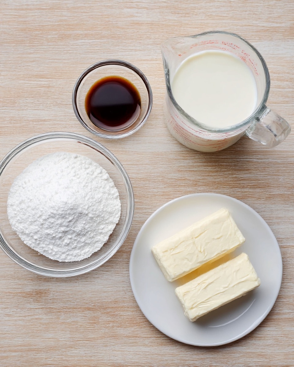 The image shows four clear glass containers with ingredients on a light wooden surface. At the bottom left, there is a medium bowl filled with white powdery sugar. To the top left, a small bowl holds a dark brown liquid, likely vanilla extract. On the right side, there is a small white plate holding two rectangular blocks of soft cream cheese with a smooth texture. Above the plate, a clear glass measuring cup is filled with white cream or milk, showing a smooth surface. The background is a light wooden texture. photo taken with an iphone --ar 4:5 --v 7