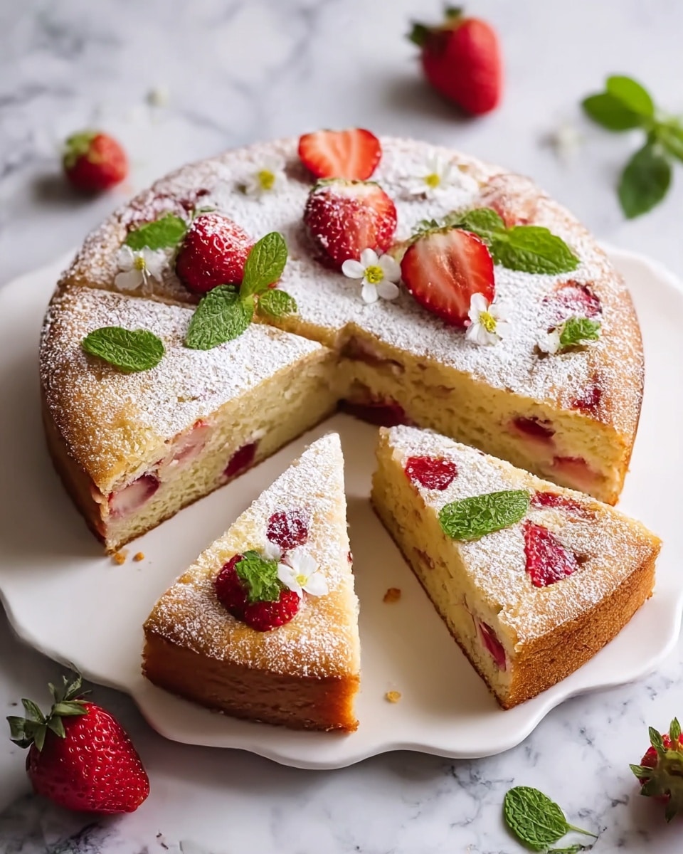 A round cake sits on a white plate with wavy edges, sliced into six pieces. The cake has a light golden-brown color with a soft texture, and inside are chunks of red strawberries visible in the layers. The top of the cake is dusted evenly with white powdered sugar and decorated with halved strawberries and small white flowers. Bright green mint leaves add a touch of color on top. The cake is on a surface with a white marbled texture, and some whole strawberries and leafy sprigs are scattered around. photo taken with an iphone --ar 4:5 --v 7