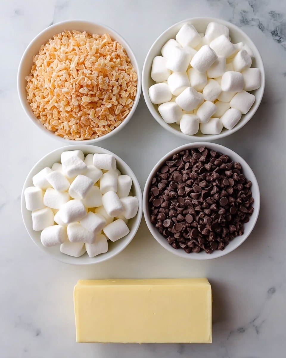 Four white bowls are arranged on a white marbled surface. The top left bowl is full of pale orange crispy rice cereal, showing tiny rice pieces. The top right bowl holds many large white marshmallows, rounded and puffy. The bottom left bowl contains smaller white marshmallows, also puffy but shorter in size. The bottom right bowl is filled with many small, dark brown chocolate chips, densely packed. In front and a bit below these bowls, there is a rectangular pale yellow block of butter, smooth and solid. photo taken with an iphone --ar 4:5 --v 7