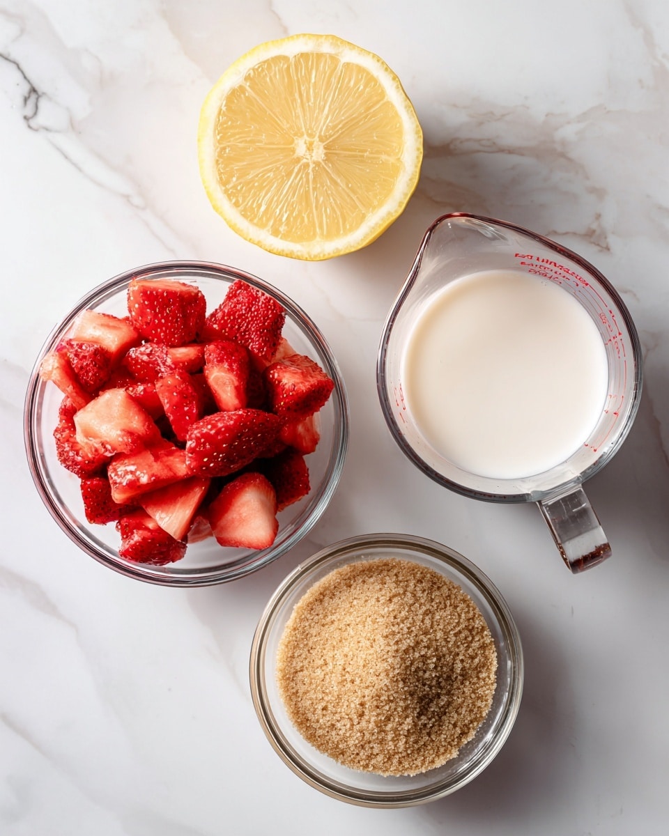 The image shows four clear glass bowls and a lemon half arranged on a white marbled surface. One bowl is full of small red chopped strawberries with a juicy, slightly shiny texture. Below it is a smaller bowl filled with light brown, soft brown sugar grains. To the right of the brown sugar is a clear glass measuring cup holding white vegan milk, with a light frothy top layer. Above the measuring cup, the bright yellow lemon half with its juicy interior is placed on the white marbled surface. The whole scene is well-lit, highlighting the fresh and natural colors of the ingredients. photo taken with an iphone --ar 4:5 --v 7