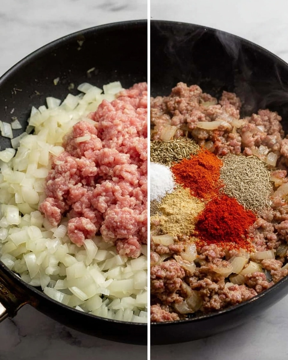 The image shows two stages of cooking in a black pan on a white marbled surface. On the left side, the pan holds a base layer of chopped white onions, soft and translucent, topped with a thick layer of raw ground meat, pink and slightly chunky. On the right side, the pan has browned ground meat mixed with softened onions, with a cluster of layered spices in the center: bright red powder, beige cumin, dark brown seeds, and white salt, all sitting on top. There is a bit of steam rising, showing the mixture is hot and cooking. Photo taken with an iphone --ar 4:5 --v 7