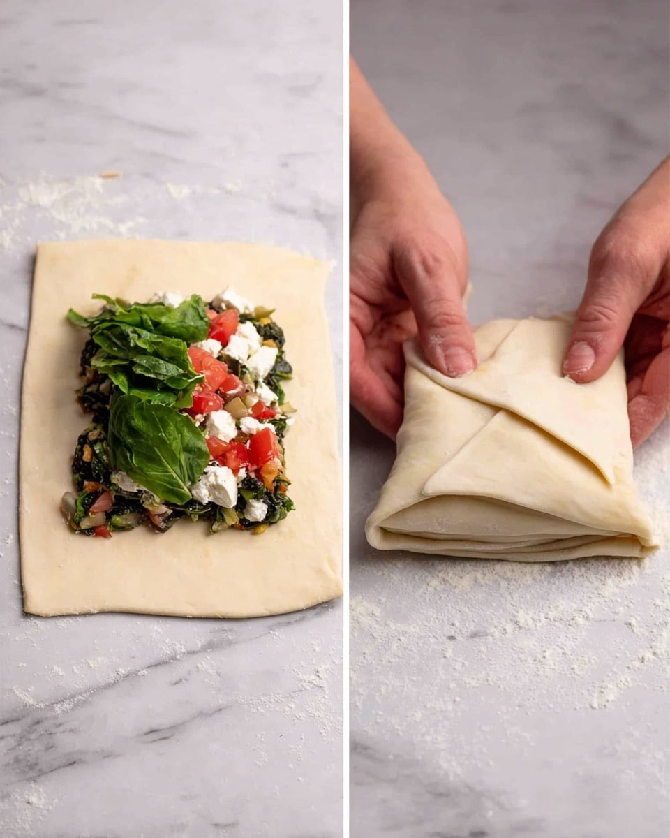 The image shows two side-by-side photos on a white marbled surface. On the left, an open square piece of light beige dough is laid flat, topped with three visible layers of filling: a dark green and brown vegetable layer at the bottom, a layer of fresh green leaves in the middle, and small cubes of red tomato mixed with white cheese scattered on top. On the right, two woman's hands are folding the dough over itself to form a neat square parcel, with smooth layers of dough overlapping and enclosing the colorful filling inside. The dough looks soft and slightly matte, and the folding is precise, showing careful handling. Photo taken with an iphone --ar 4:5 --v 7