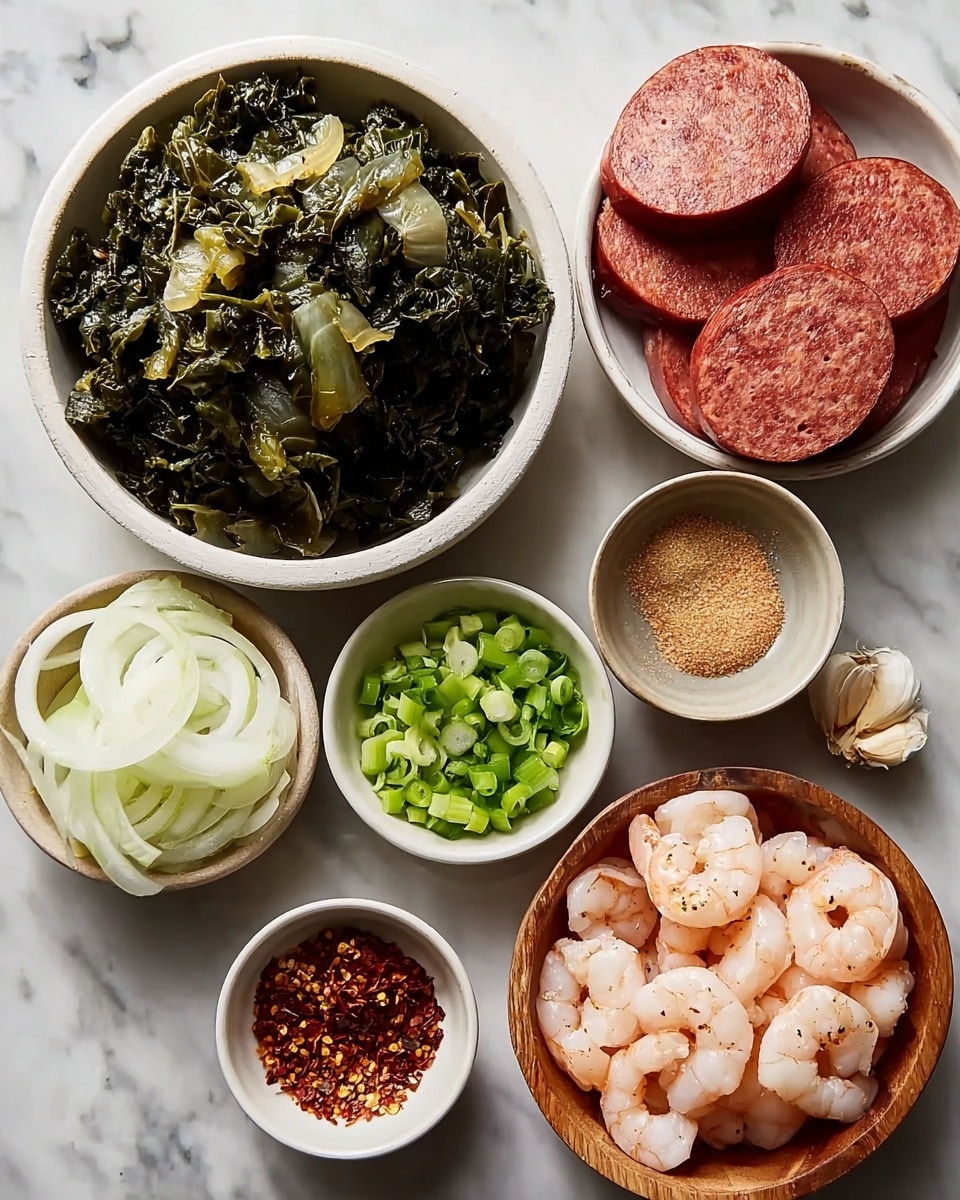 The image shows six bowls placed on a white marbled surface, each containing different food ingredients. The largest bowl at the top left holds dark green cooked greens with some pieces of translucent onion mixed in. To the right, a medium white bowl contains several thick slices of reddish sausage with a smooth texture. Below that, a small white bowl has chopped green onions, bright and fresh in color. Adjacent to it, another small white bowl holds red chili flakes with some seeds visible, looking spicy. On the bottom left, a medium bowl holds thinly sliced white onions with a bit of green from the layers. Lastly, a wooden bowl at the bottom right is filled with pinkish white cooked shrimp, slightly seasoned with black pepper. A clove of garlic and a small mound of brown sugar are next to the bowls. Photo taken with an iphone --ar 4:5 --v 7