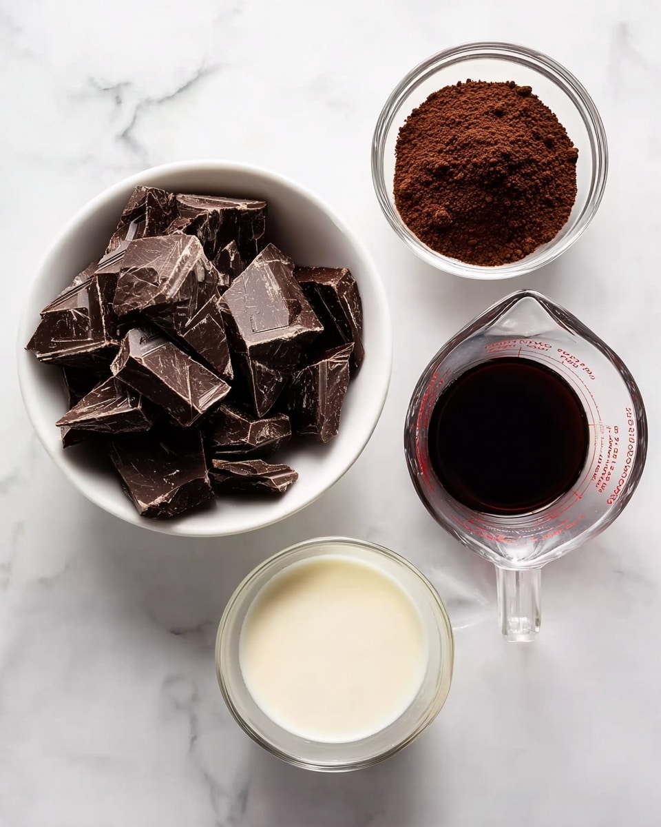 The image shows four separate containers arranged on a white marbled surface. At the bottom left, there is a white bowl filled with rough chunks of dark chocolate, dark brown with slight white streaks. Above it, a smaller white bowl contains a fine dark brown powder, likely cocoa powder. On the right side, two clear glass measuring cups hold liquids; the top one has a small amount of very dark brown liquid, and the bottom one is filled with a creamy white liquid. The setup is clean and simple, with the rich colors of the chocolate and powders contrasting against the white containers and surface. photo taken with an iphone --ar 4:5 --v 7