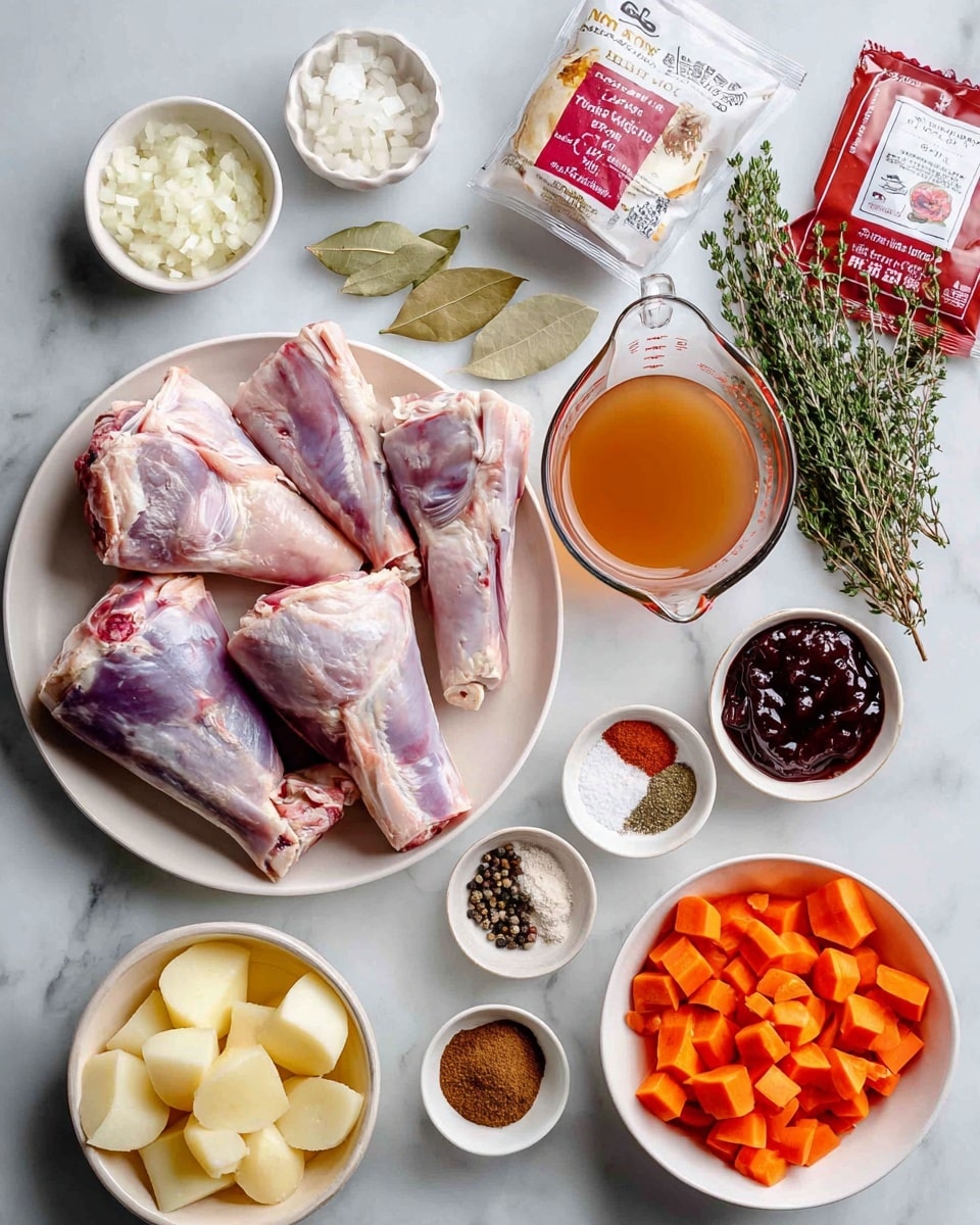 A white plate holds four large lamb shanks with pale pink and purple tones laid in a slightly overlapping way. Surrounding the plate on a white marbled surface are several small white bowls and containers: one bowl contains chopped white onions, another has minced garlic, a small bowl shows a pile of brown ground seven spice, and a clear glass measuring cup is filled with amber-colored broth. A white bowl near the bottom holds peeled potato wedges with a light beige color, while next to it is another white bowl filled with bright orange carrot chunks. Fresh green sprigs of thyme lie near a small bowl of dark brown pomegranate molasses and a packet of crushed tomatoes with red and white packaging. A small dish with various whole spices, including bay leaves and a cinnamon stick, and a small bowl with white, black, and red powdered spices are also arranged neatly on the surface. The photo is taken with an iphone --ar 4:5 --v 7