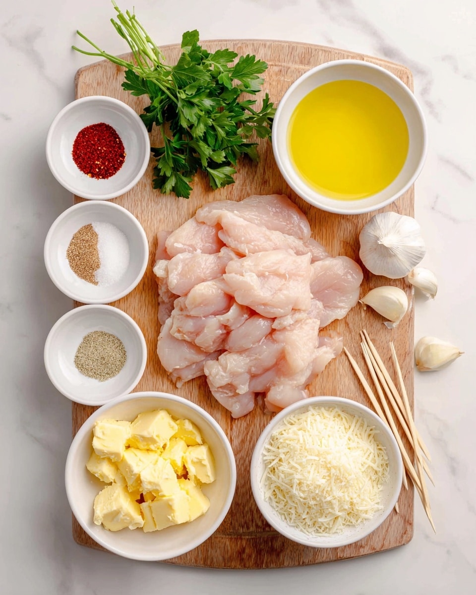 A wooden cutting board in the center holds a pile of pale pink chicken tenders with a soft, smooth texture. To the left of the board are four small white dishes stacked vertically, containing white salt, deep red paprika, light beige onion powder, and light beige garlic powder, with three wooden skewers placed nearby. On the right side of the board, a white bowl with finely grated pale yellow Parmesan cheese sits at the bottom right corner. Above it, another white bowl is filled with golden yellow salted butter pieces, and a white bowl beside it contains bright yellow olive oil. Above the chicken tenders, a small white bowl holds pale yellow lemon juice. Fresh green parsley with a leafy texture and two garlic cloves with a smooth, white surface are placed between the bowls. The entire arrangement is set on a white marbled surface. photo taken with an iphone --ar 4:5 --v 7