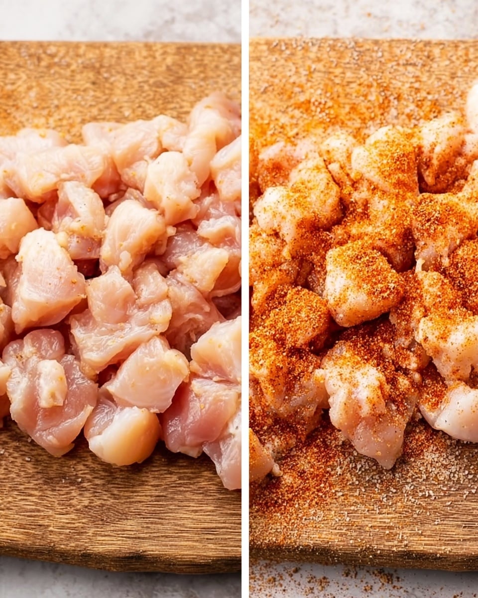 The image is split into two parts on a white marbled surface. On the left side, there are many small pieces of raw pale pink chicken placed on a wooden cutting board. On the right side, the same chicken pieces are shown but now they are covered with a mix of orange-red and light brown powdered spices sprinkled evenly over them, adding color contrast to the pale chicken. No other items or utensils are visible. Photo taken with an iphone --ar 4:5 --v 7