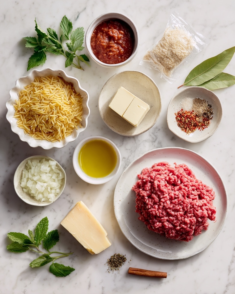 The image shows various cooking ingredients arranged on a white marbled surface. In the center right, there is a white plate holding a thick layer of red ground beef with a textured surface. Above the beef, to the right, is a small white bowl with a beige butter cube, next to it another small white bowl holds smooth tomato paste. Above those is a small wrapped package of chicken stock. To the left of the beef is a white scalloped bowl filled with dry yellow orzo pasta. Below the orzo is a small white bowl filled with finely chopped white onion. Near the bottom left is a wedge of light yellow parmesan cheese set directly on the surface. A small dish of olive oil with a golden shine sits close by. Near the center of the image is a small bowl with a stick of cinnamon and red and white spices. There are fresh green leaves of mint and parsley along with one green bay leaf placed near the bottom right. The overall arrangement clearly displays every ingredient with contrasting colors and textures, all placed neatly on the white marbled surface. photo taken with an iphone --ar 4:5 --v 7