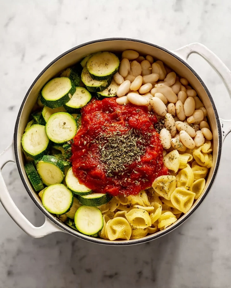A white pot filled with three main layers arranged side by side: round green slices of zucchini on the left, pale white beans piled next to the zucchini, and yellow round pasta filled with cheese on the right. On top of the yellow pasta and white beans sits a bright red chunky tomato sauce sprinkled with dark dried herbs. The pot is placed on a white marbled surface. photo taken with an iphone --ar 4:5 --v 7