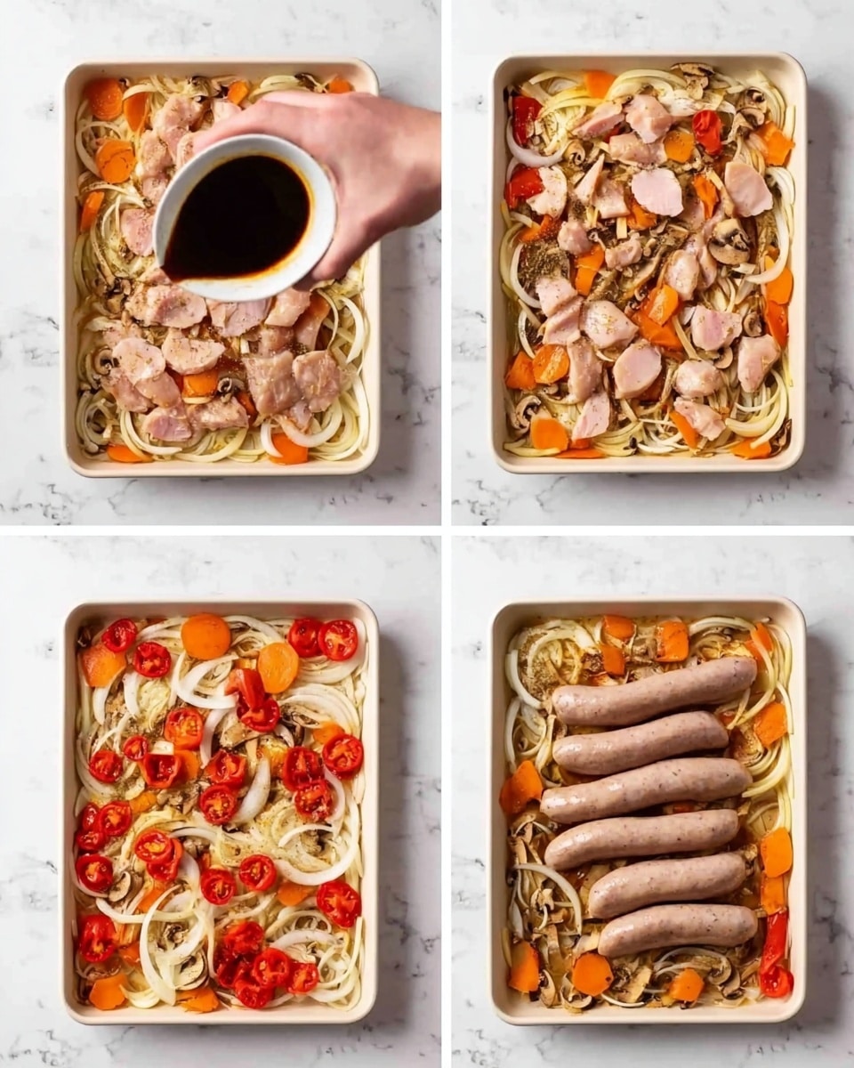 A white baking tray filled with layers of ingredients; the bottom layer is pale raw chicken pieces scattered unevenly, topped with thin slices of white onion, bright red cherry tomato halves, orange carrot slices, and pale mushroom strips spread all over. A woman's hand is pouring a dark sauce from a small white bowl onto the ingredients. In another image, the same tray shows the chicken and vegetables slightly cooked with a more blended color. Another tray picture shows the ingredients again with four large pale pink sausage links placed on top, over the vegetables and chicken. The surface under the tray is white with a marble texture. photo taken with an iphone --ar 4:5 --v 7
