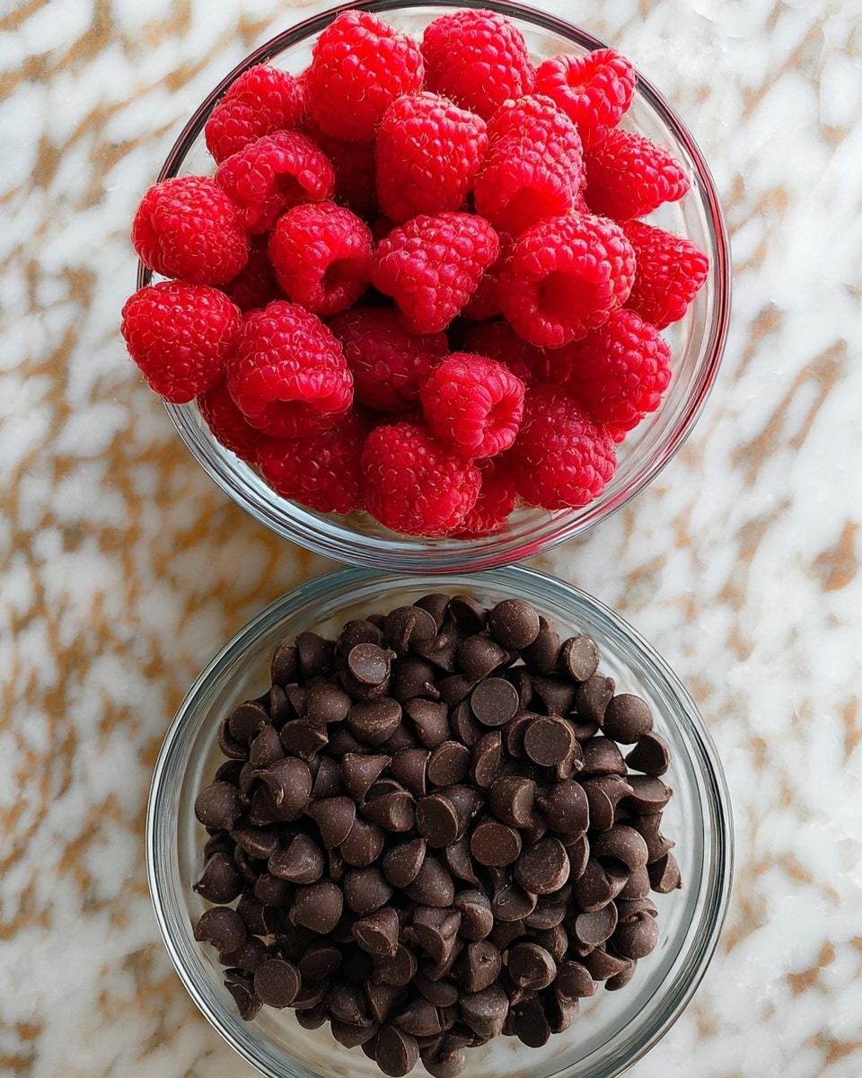 Two clear glass bowls sit side by side on a white marbled surface. The top bowl is filled with many bright red raspberries, showing their textured, bumpy skin. The bottom bowl is filled with small, shiny dark brown chocolate chips, tightly packed together. The contrast between the vibrant red raspberries and the dark chocolate chips is strong, making both stand out clearly. The natural light highlights the shapes and textures of the fruit and chocolate. photo taken with an iphone --ar 4:5 --v 7