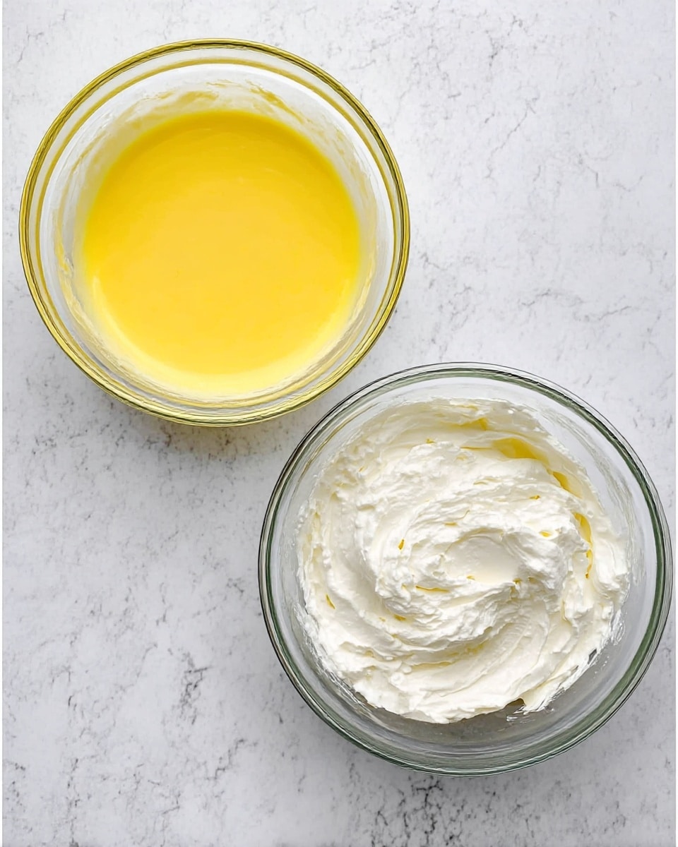 Two clear glass bowls sit on a white marbled surface. The bowl on the left holds a single smooth layer of bright yellow liquid, spread evenly. The bowl on the right contains a thick layer of whipped white cream with soft peaks and swirls, showing a light and airy texture. photo taken with an iphone --ar 4:5 --v 7