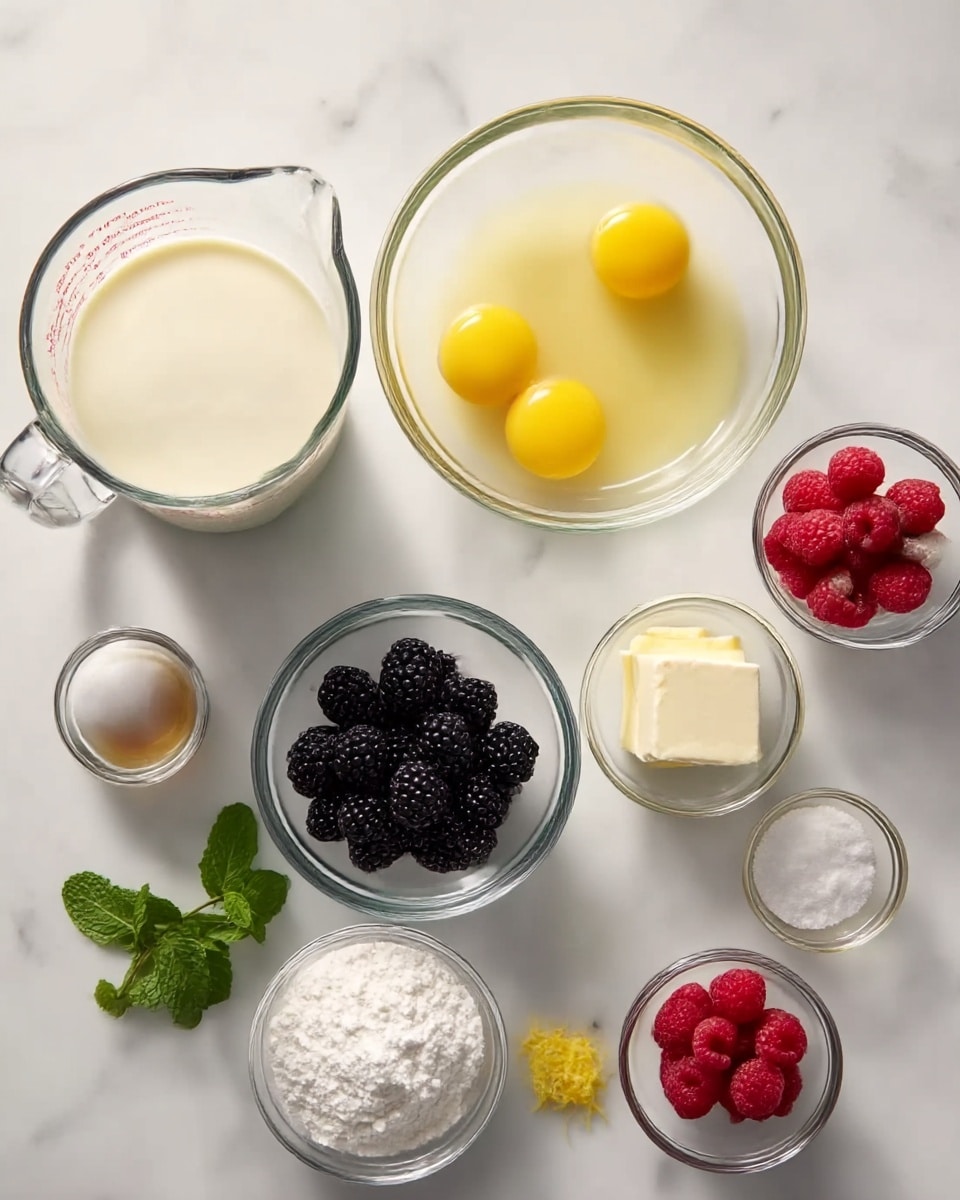 The image shows several clear glass bowls and a measuring cup arranged neatly on a white marbled surface. There is a large measuring cup filled with cream on the left side, and next to it, a medium bowl with three egg yolks. Above the egg yolks is a bowl with a light yellow liquid. Below the yolks is a small bowl with blackberries, and a slightly bigger bowl with white sugar is placed in the center right, with a small bowl of softened white butter nearby. To the right of the sugar bowl are two smaller bowls—one containing raspberries and the other powdered sugar, along with a tiny bowl of vanilla extract. A small amount of lemon zest is placed beside the powdered sugar bowl, and near the center is a tiny bowl of white powder, likely baking powder or cornstarch. Fresh mint leaves add a green touch near the vanilla extract. The setup is clean and organized with soft natural lighting, photo taken with an iphone --ar 4:5 --v 7