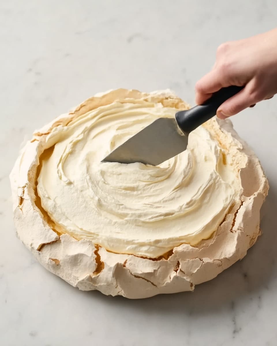 The image shows a close view of a round pavlova dessert on a white marbled surface. The bottom layer is a large, light tan meringue with a rugged, airy texture and wavy edges. On top of this meringue, a thick layer of smooth, creamy white whipped cream is being spread evenly by a woman's hand holding a black spatula. The cream looks soft and fluffy, with visible swirls from spreading motion. Photo taken with an iphone --ar 4:5 --v 7