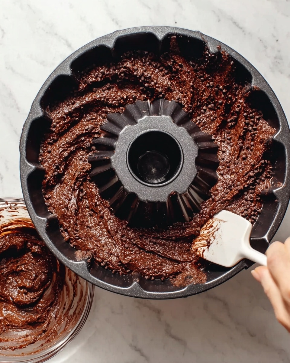 The image shows thick dark chocolate batter being spread inside a black bundt cake pan, with visible chocolate chips mixed into the batter giving it a textured look. A white spatula is held by a woman's hand, pressing the batter into the pan in circular motions. To the left, a clear glass bowl with more chocolate batter remains on a white marbled surface. The bundt pan has a central tube and fluted sides, creating distinct ridges in the batter. photo taken with an iphone --ar 4:5 --v 7
