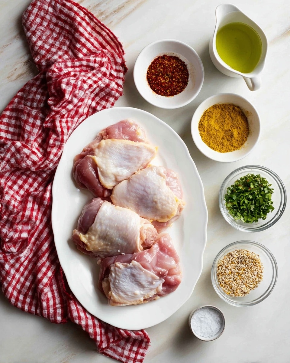 A white oval plate holds four pieces of raw chicken thighs with skin, showing a light pink and white mix of meat and fat layers arranged in two rows. Around the plate, there are small white bowls and a glass bowl with various ingredients: one bowl with ground spices in red, brown, and light yellow shades; a small bowl with chopped green herbs; a glass bowl with a mix of whole grain and yellow mustard; a small bowl with salt and black pepper; and a small white pitcher with a clear light green liquid. In the top left corner, a red and white checkered cloth lies on a white marbled surface. Photo taken with an iphone --ar 4:5 --v 7