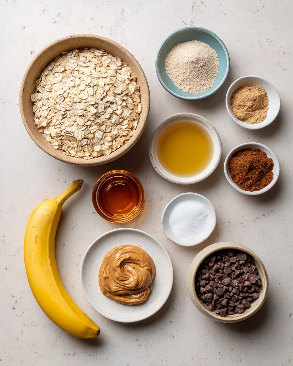 The image shows nine ingredients arranged neatly on a flat white marbled surface. Starting from the top left, there is a large bowl filled with pale beige rolled oats, next to a small blue ceramic bowl with a light beige powder. To the right, a small white ceramic bowl holds a golden liquid, and below it a whole banana with a bright yellow peel lays on the surface. Below the oats, there is a small amber-colored glass filled with a transparent golden syrup, beside it a tiny white bowl filled with white salt. Centrally, a small white plate holds a swirl of creamy light brown peanut butter. Toward the bottom left, there is a small white bowl with brown cinnamon powder and next to it a small white bowl filled with dark brown mini chocolate chips. The items are evenly spaced, showing a clean and simple mix of colors and textures. photo taken with an iphone --ar 4:5 --v 7