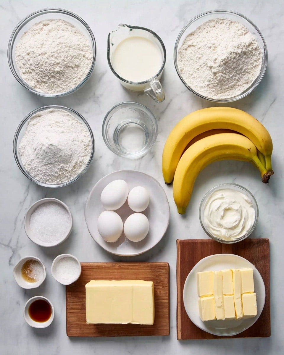 The image shows ingredients arranged neatly on a white marbled surface. There are two clear glass bowls filled with white flour and powdered sugar placed at the top left and right. A bunch of three yellow bananas is placed near the center. A clear glass measuring cup with milk is next to the bananas. Below these are small glass bowls with white salt, vanilla extract, and white baking soda. Two white bowls hold three white eggs and whipped egg whites. Two wooden boards at the bottom hold light yellow sticks of butter and white cream cheese, with small bowls of vanilla extract placed near them. Everything is well organized in rows. Photo taken with an iphone --ar 4:5 --v 7