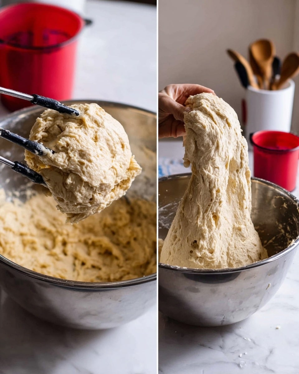 The image shows two close-up views of bread dough being prepared in a shiny silver mixing bowl set on a white marbled surface. On the left side, thick, sticky dough with a rough texture, light beige in color, clings to black beaters lifted above the bowl. In the background, a blurry red measuring cup and a hand holding the beaters are visible. On the right side, a woman's hand stretches a smooth, elastic piece of the dough upward inside the same bowl, showing its stretchy softness and airy texture. Kitchen tools like wooden spoons are seen in a white holder behind the bowl. Photo taken with an iphone --ar 4:5 --v 7