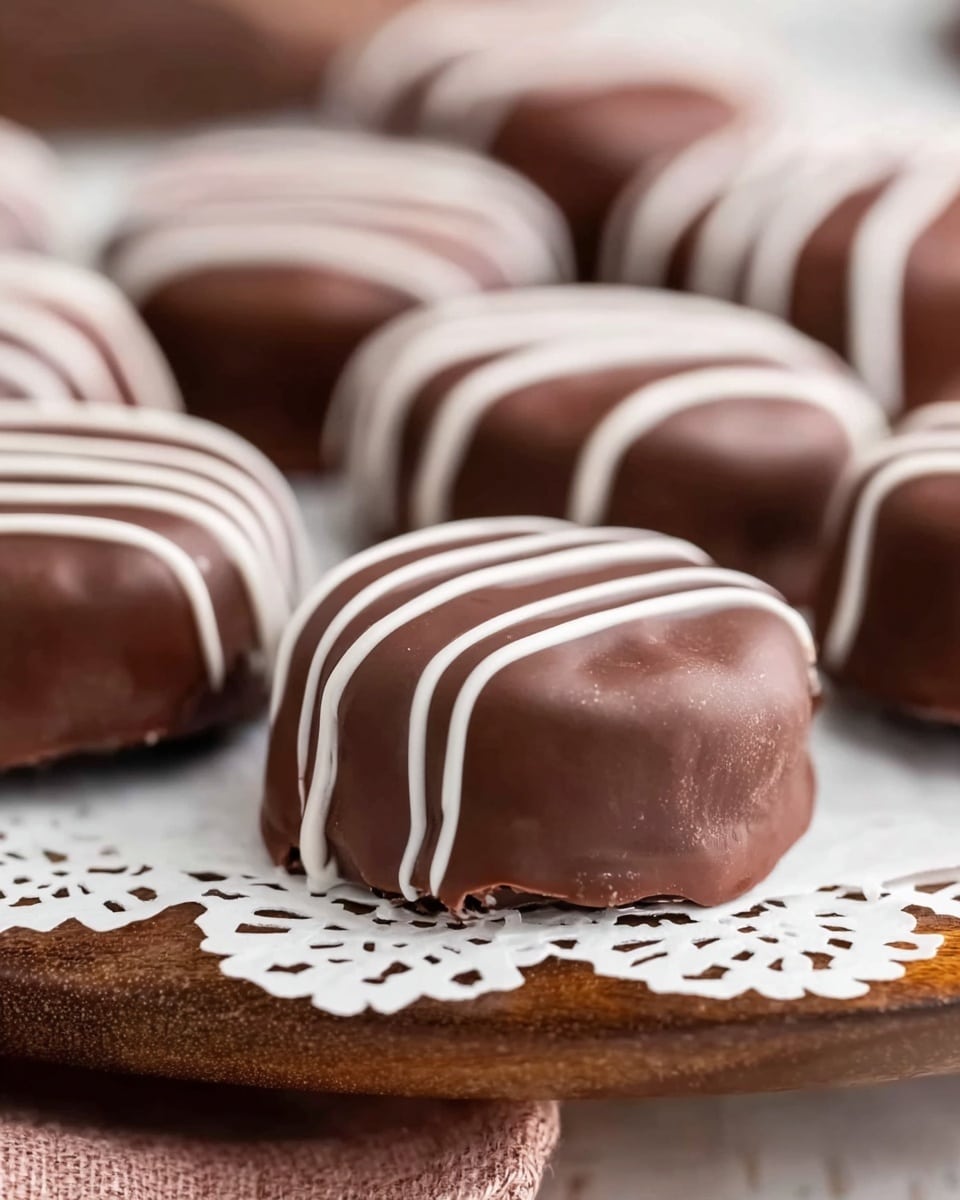 The image shows many small round treats with a smooth, dark brown chocolate layer covering each one. On top, there are thin white icing lines that go from side to side, creating a striped pattern. The treats rest on a white paper doily, which is placed on a wooden surface. The background has a soft focus, with more of these chocolate treats blurred behind the front one. photo taken with an iphone --ar 4:5 --v 7