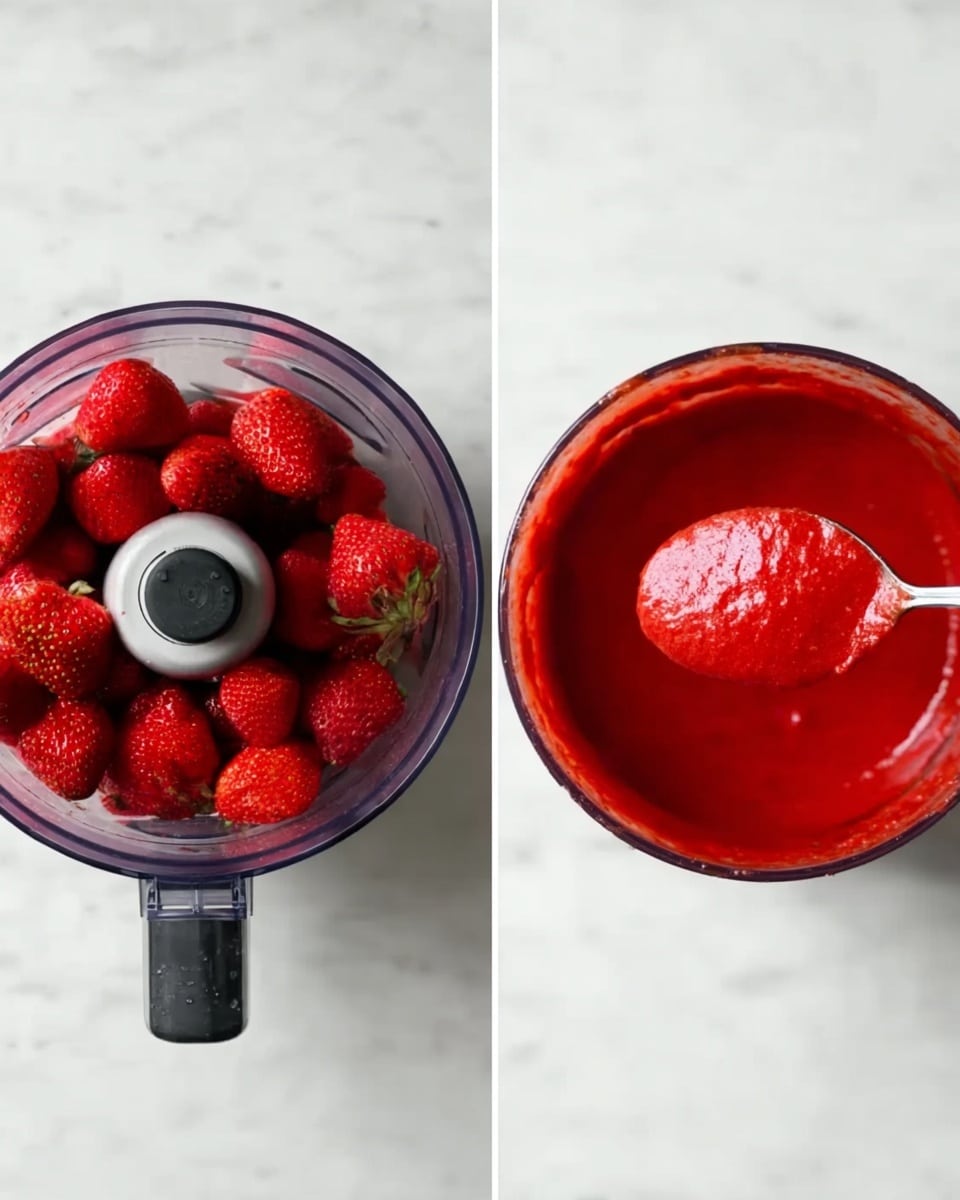 The first image shows a clear food processor bowl filled with fresh, whole strawberries that are bright red with green stems removed, sitting on a white marbled surface. In the second image, the processed strawberries form a smooth, thick red sauce in a clear glass container, with a silver spoon holding a spoonful of the sauce above it, all placed on the same white marbled surface. photo taken with an iphone --ar 4:5 --v 7