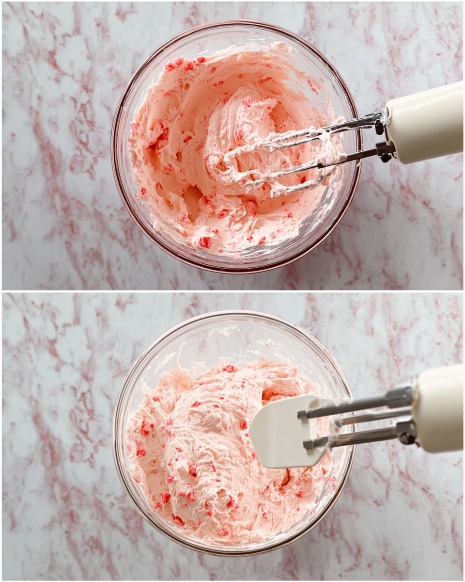 The image shows a clear glass bowl on a white marbled surface with a creamy pink mixture inside. The mixture looks soft and fluffy with small chunks of red throughout. In the first part, a hand mixer with two beaters is blending the thick pink cream, and in the second part, a white spatula is used to scoop the smooth, thick mixture from the bowl. The texture is rich and creamy, with colors mainly light pink and white in the tool handles, all placed on the white marbled background. photo taken with an iphone --ar 4:5 --v 7