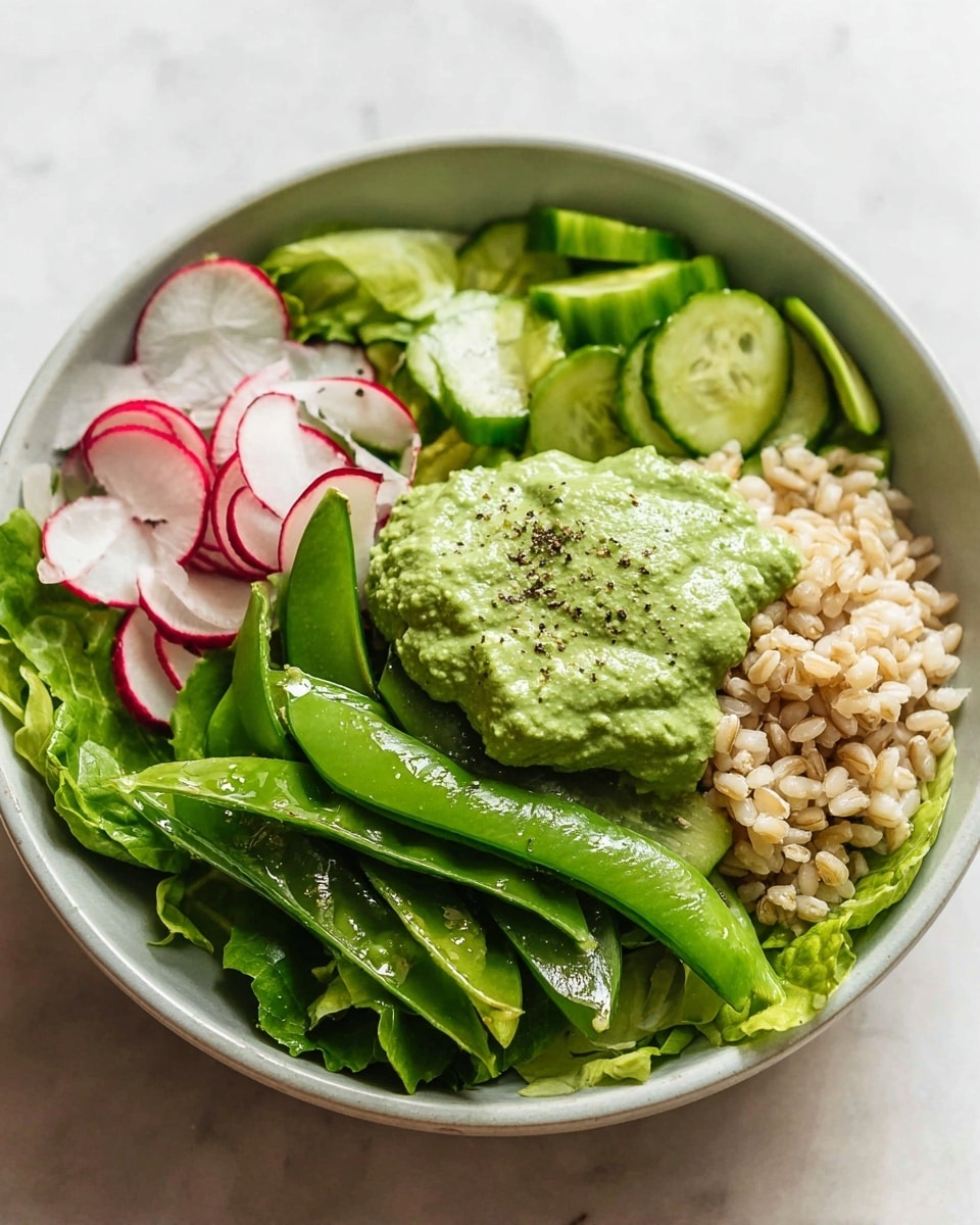 This dish is a white bowl filled with fresh salad layers, placed on a white marbled surface. The bottom layer is leafy green lettuce spread evenly around the bowl. On top, sliced green snap peas are piled in the front center with a sprinkle of black pepper. To the left of the snap peas, there are thin white radish slices with red edges. Behind the snap peas, fresh cucumber slices are arranged in a neat pile. On the right side, a serving of light brown cooked barley fills that space. At the center of the bowl, over the snap peas, there is a generous dollop of bright green creamy sauce with a slightly chunky texture. photo taken with an iphone --ar 4:5 --v 7