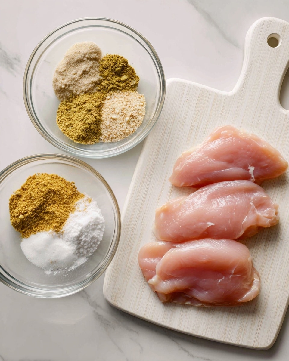 The image shows two clear glass bowls placed on a white marbled surface. The left bowl contains four different spices arranged in separate sections, each with a distinct color: a light beige powder, a yellow-green powder, white coarse salt, and a light brown powder. To the right, there is a white cutting board with a handle near the top side, holding four raw pink chicken slices spaced apart, showing a smooth texture and slightly shiny surface. photo taken with an iphone --ar 4:5 --v 7