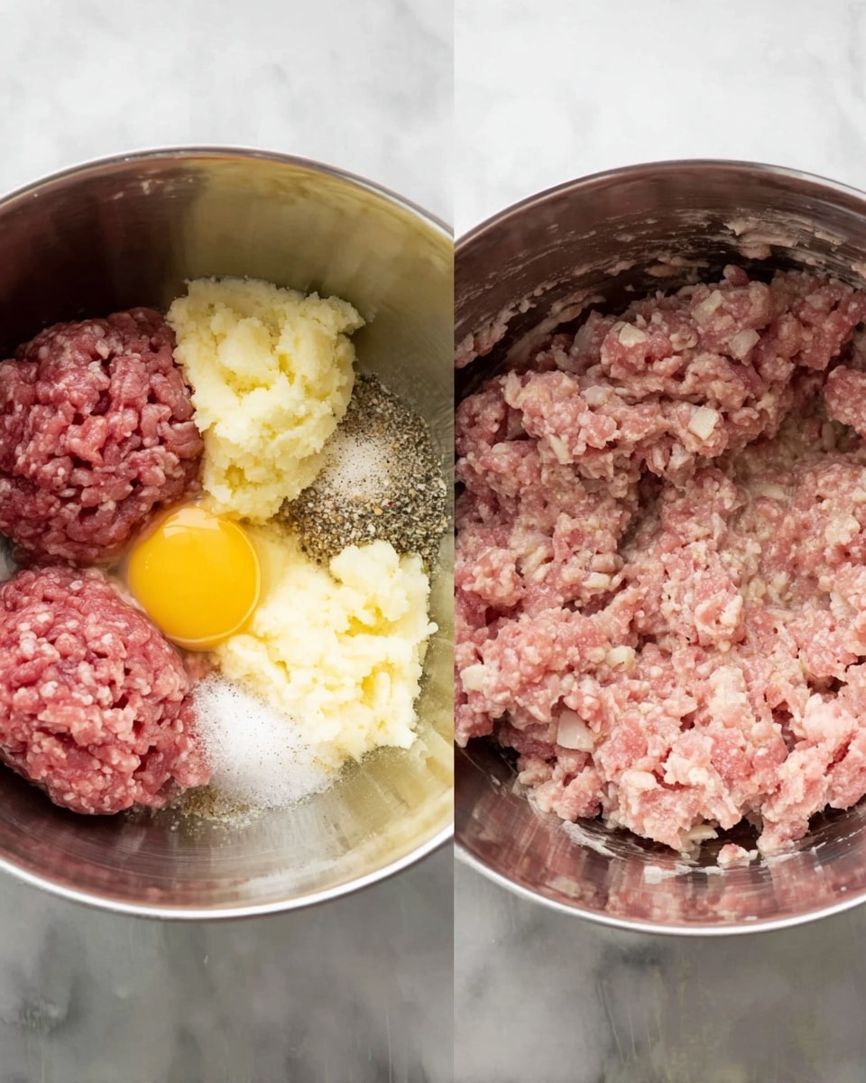 The image shows two side-by-side metal bowls. The left bowl contains raw ground meat divided into two parts with a raw yellow egg yolk in the middle. Around the egg yolk are white and light yellow mashed ingredients, black pepper, and white salt. The right bowl shows the same ingredients after mixing, forming a light pink textured ground meat mixture with small chunks blending together. The background is a white marbled texture. Photo taken with an iphone --ar 4:5 --v 7