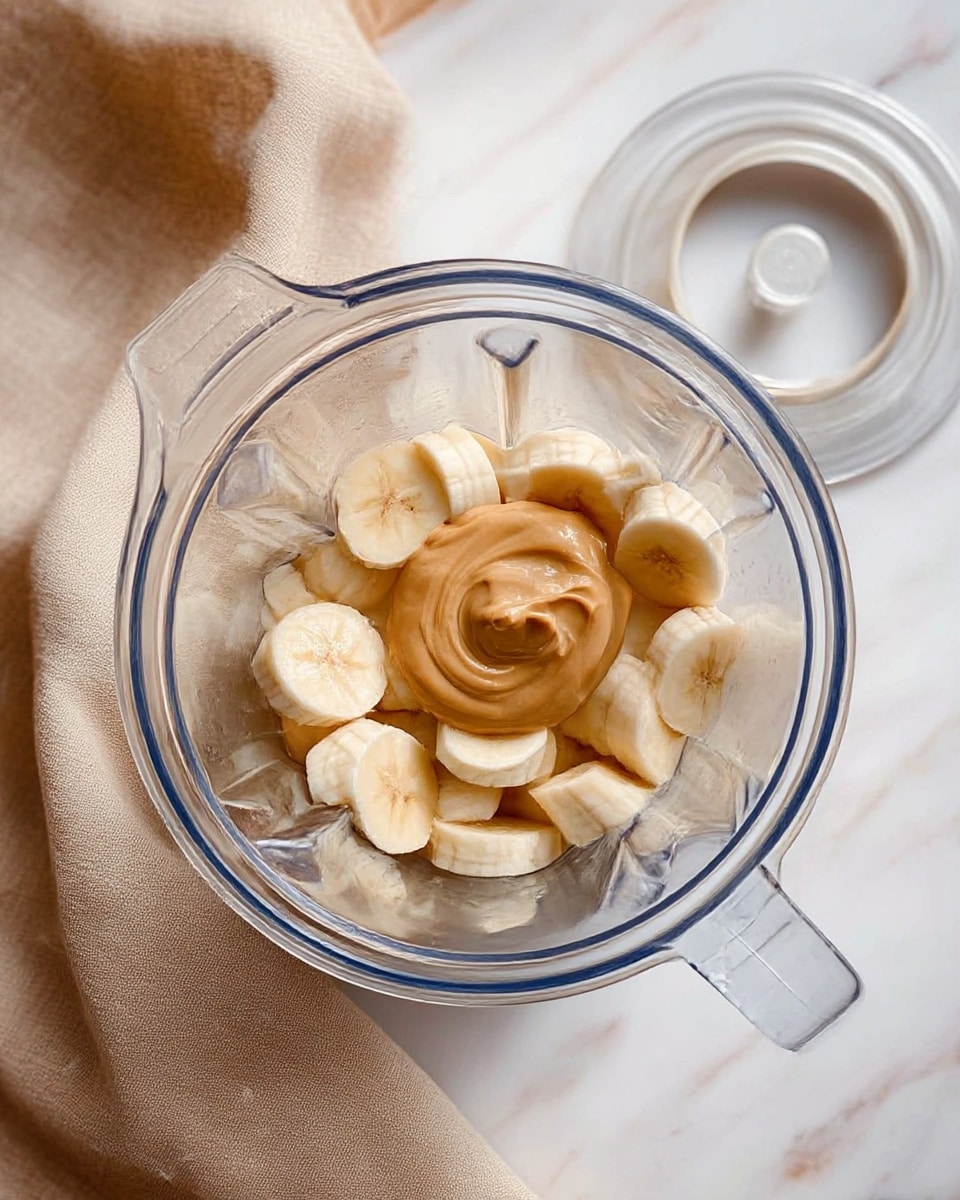 A clear blender container sits on a white marbled surface with a beige cloth nearby, showing inside a base layer of sliced banana pieces that are light yellow with creamy texture, topped centrally with a dollop of smooth, light brown peanut butter. The blender lid with a circular handle rests next to it. The scene is simple and clean, with natural light highlighting the soft colors and textures. photo taken with an iphone --ar 4:5 --v 7